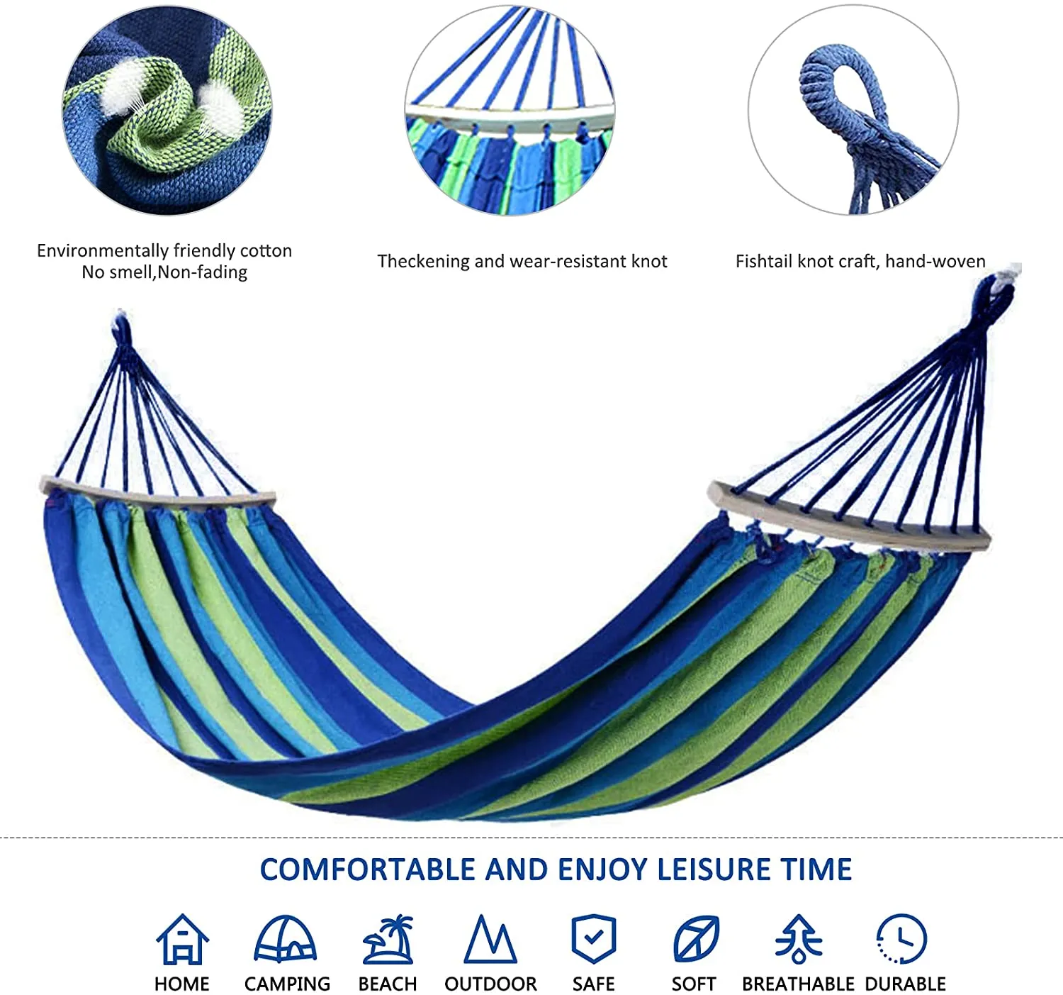 Double Hammock, 2 Person Cotton Canvas Hammock 450lbs with Carrying Bag Two Anti Roll Balance Beam Metal Carabiner Ropes and Tree Straps