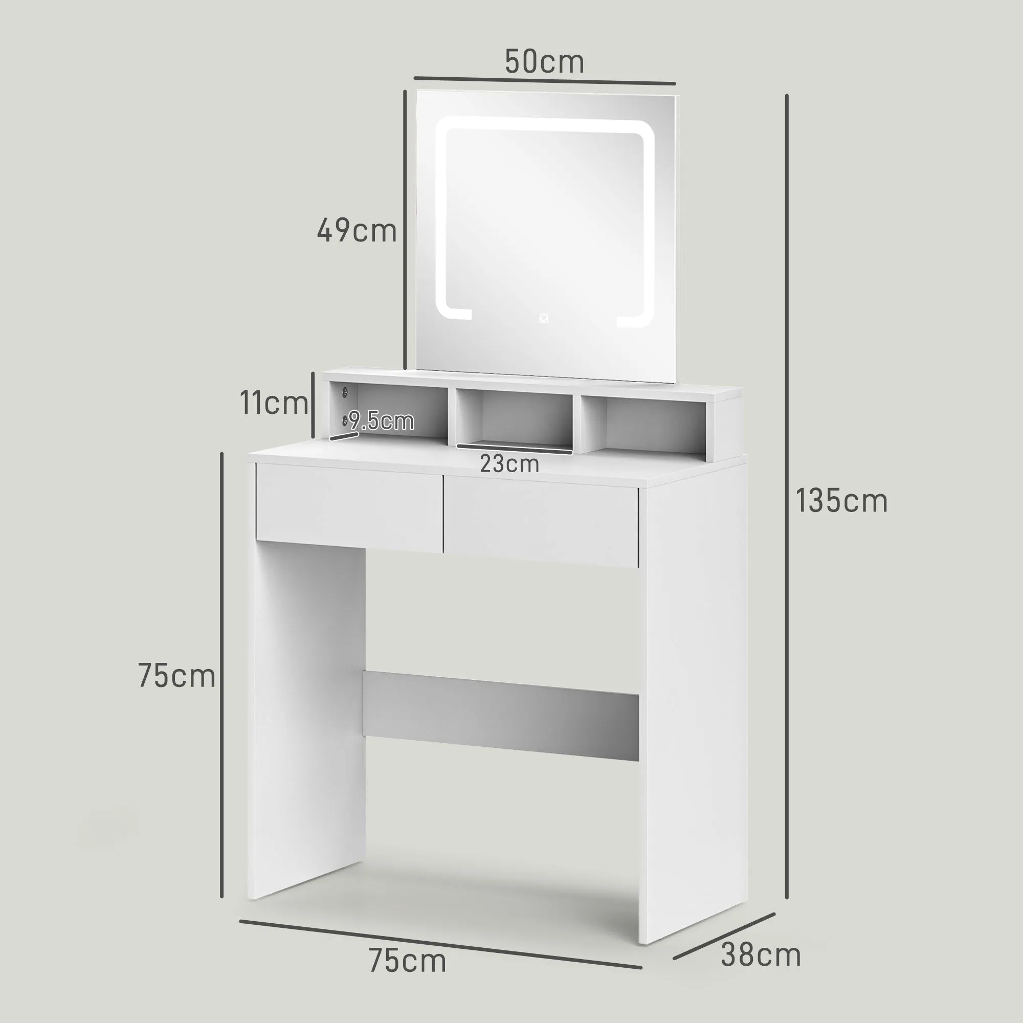 Dressing Table with Mirror, LED Lights, Drawers, for Bedroom, White