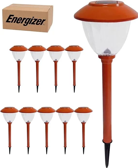 Energizer 10 Pack Solar LED Pathway Lights Outdoor-Stainless Steel and Glass (Tangerine)