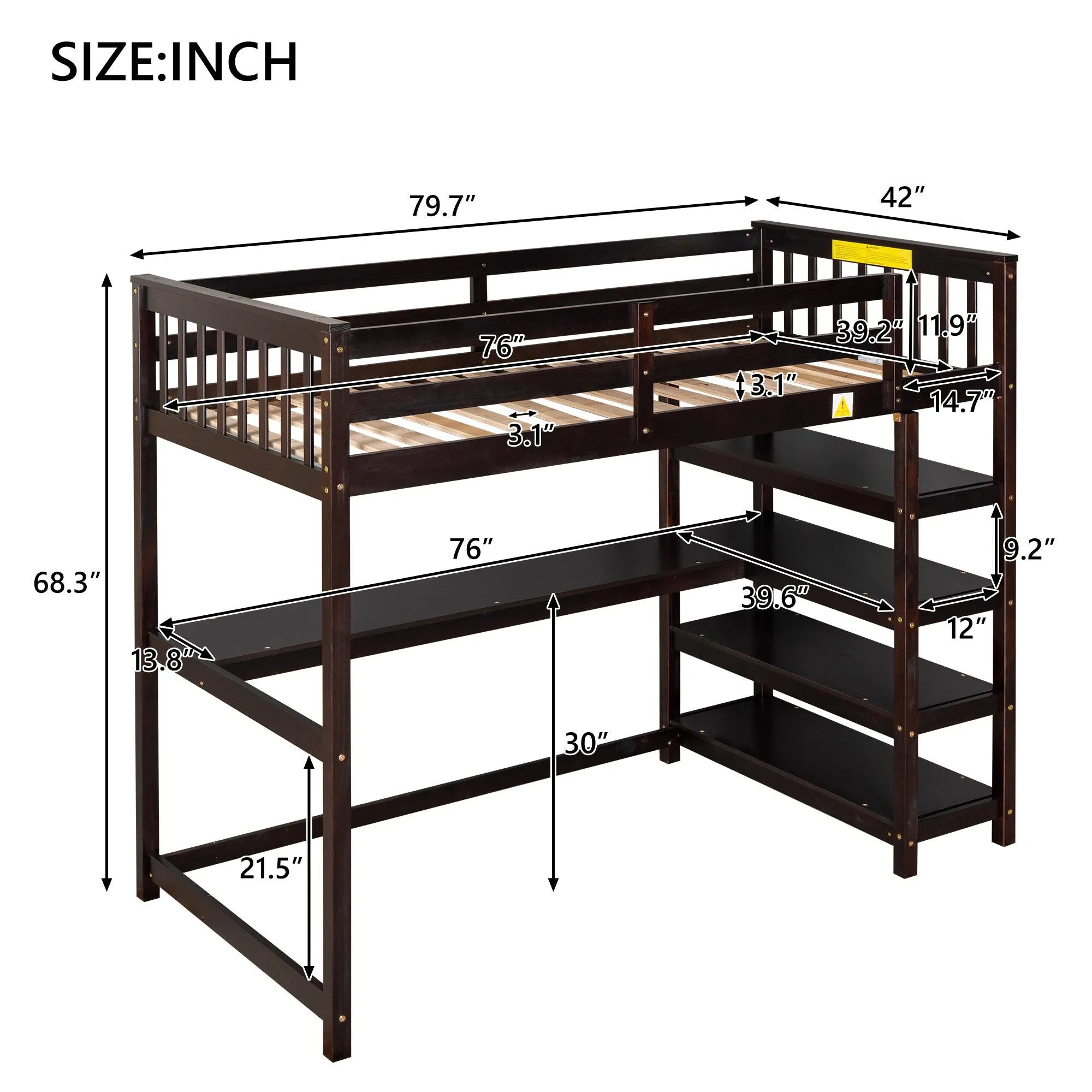 Espresso Twin Loft Bed with Storage Shelves and Under-Bed Desk