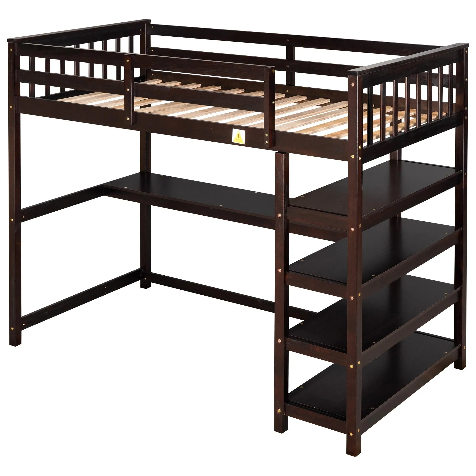 Espresso Twin Loft Bed with Storage Shelves and Under-Bed Desk