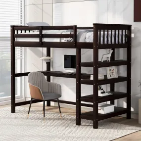 Espresso Twin Loft Bed with Storage Shelves and Under-Bed Desk