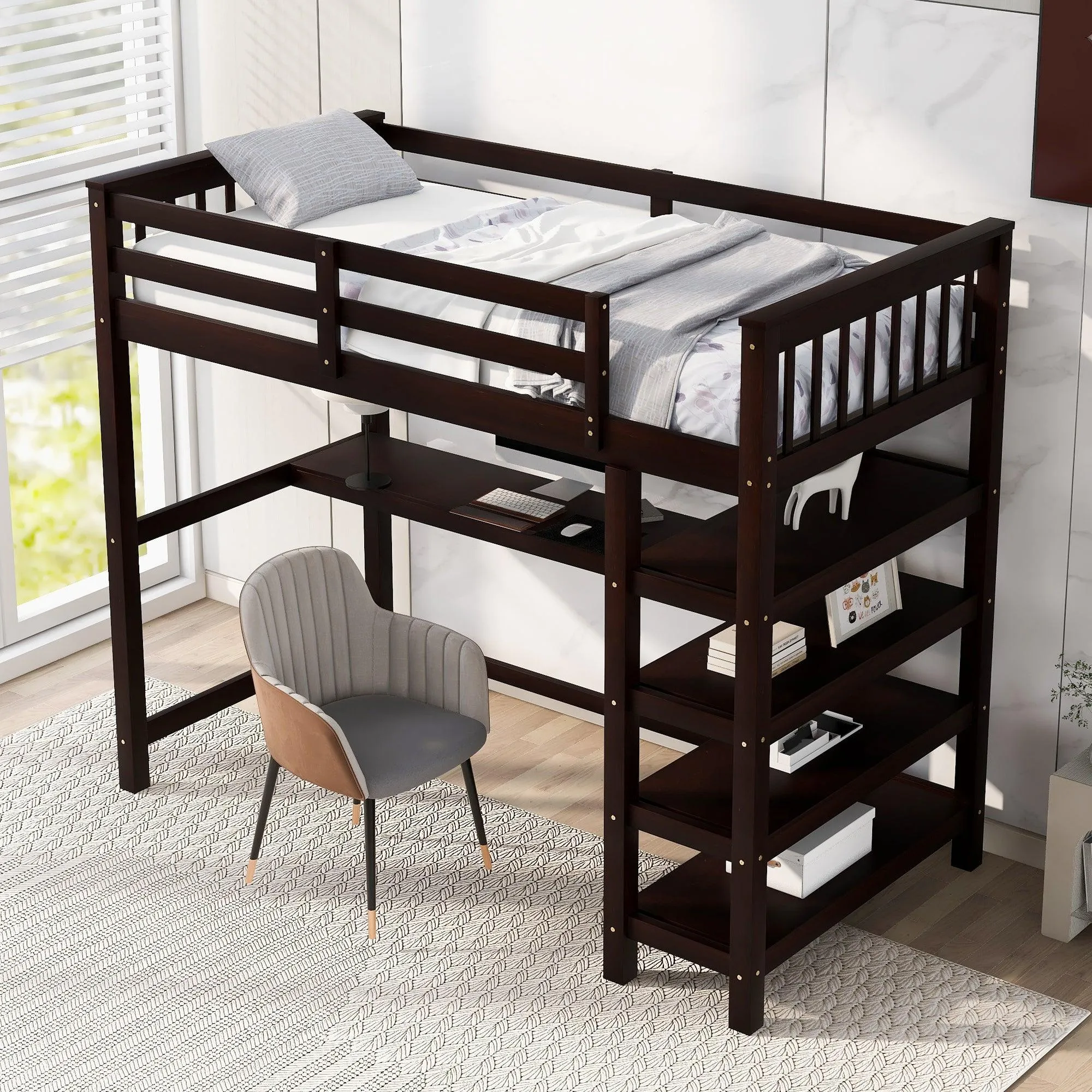 Espresso Twin Loft Bed with Storage Shelves and Under-Bed Desk