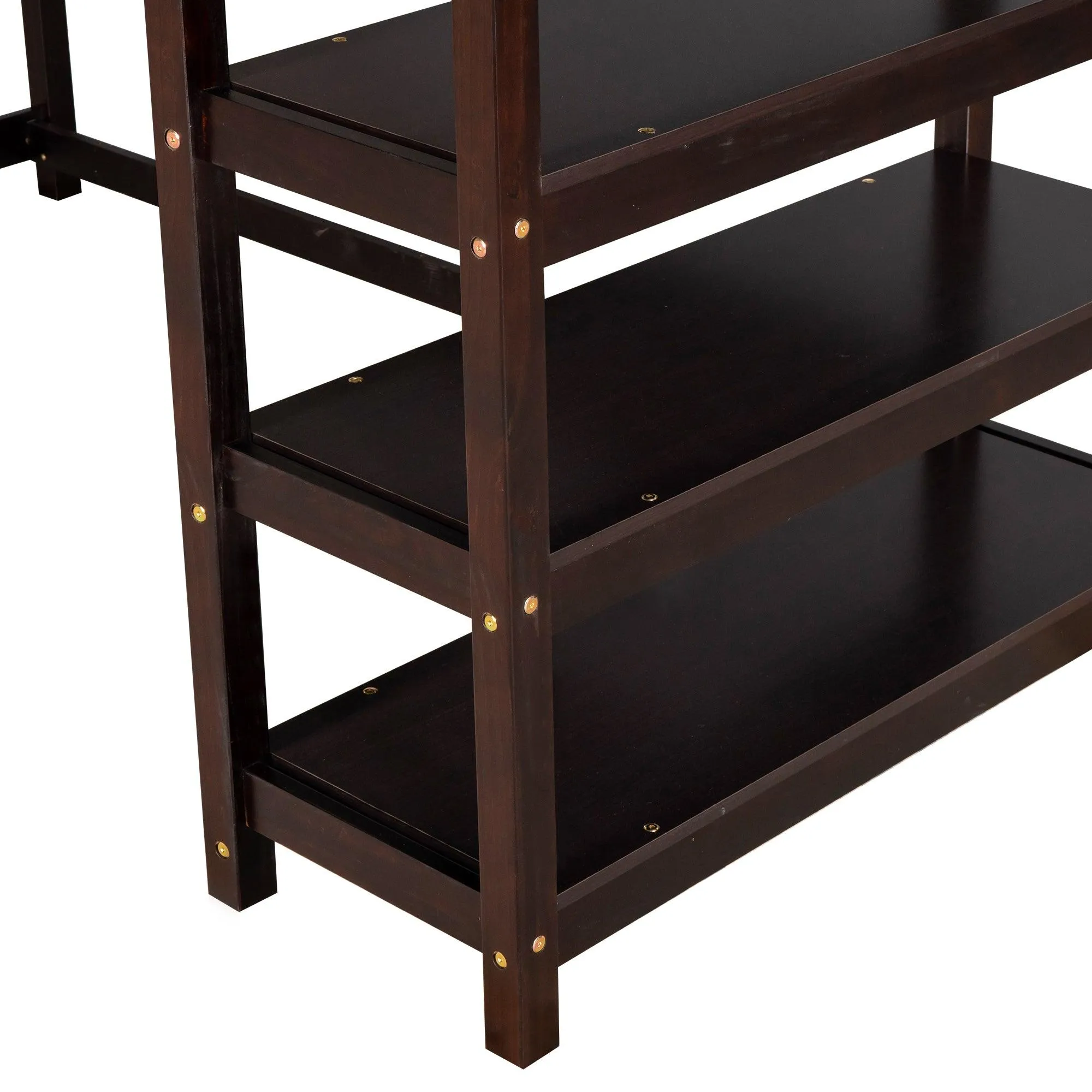 Espresso Twin Loft Bed with Storage Shelves and Under-Bed Desk