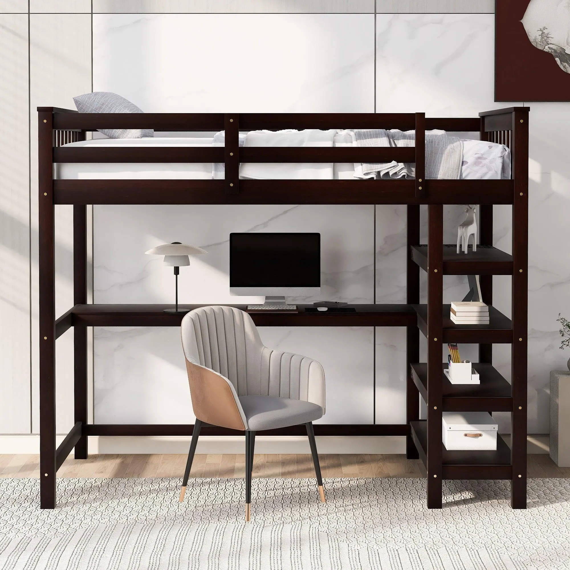 Espresso Twin Loft Bed with Storage Shelves and Under-Bed Desk