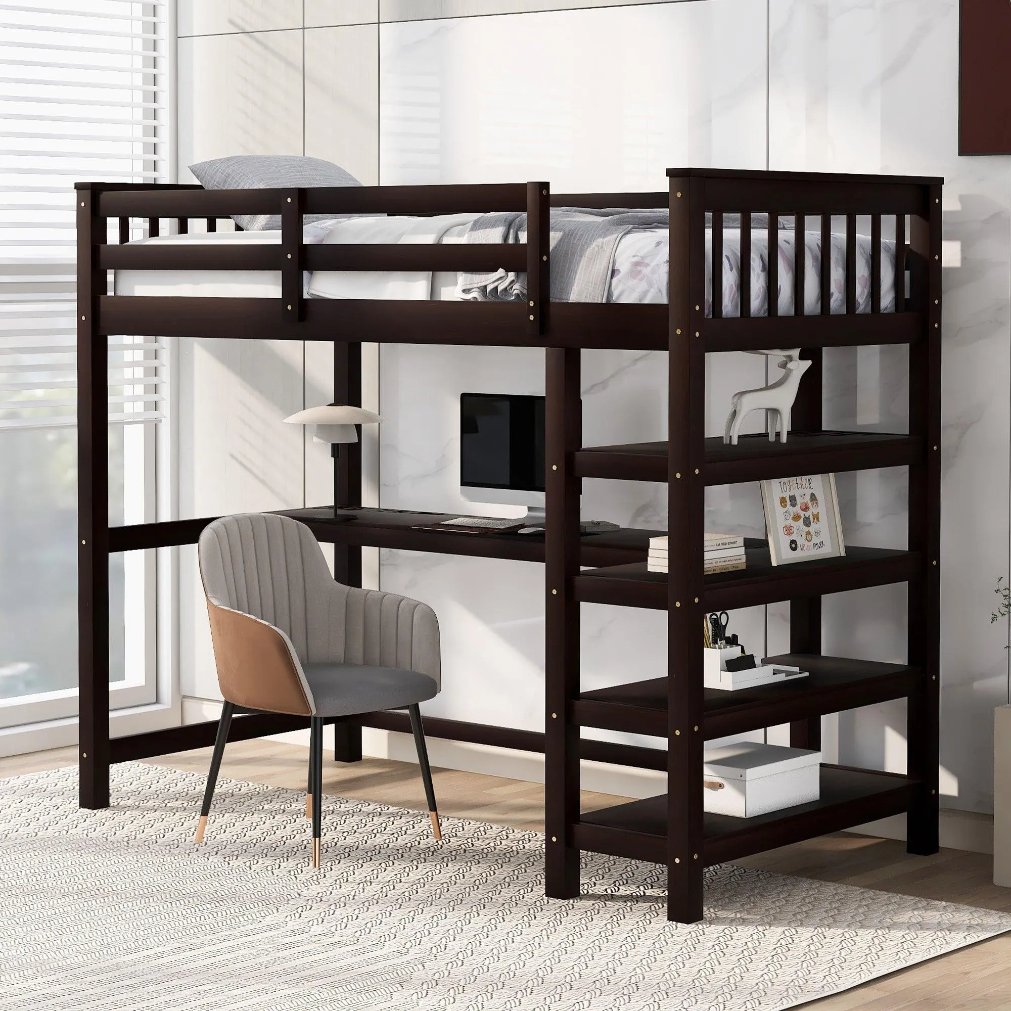 Espresso Twin Loft Bed with Storage Shelves and Under-Bed Desk