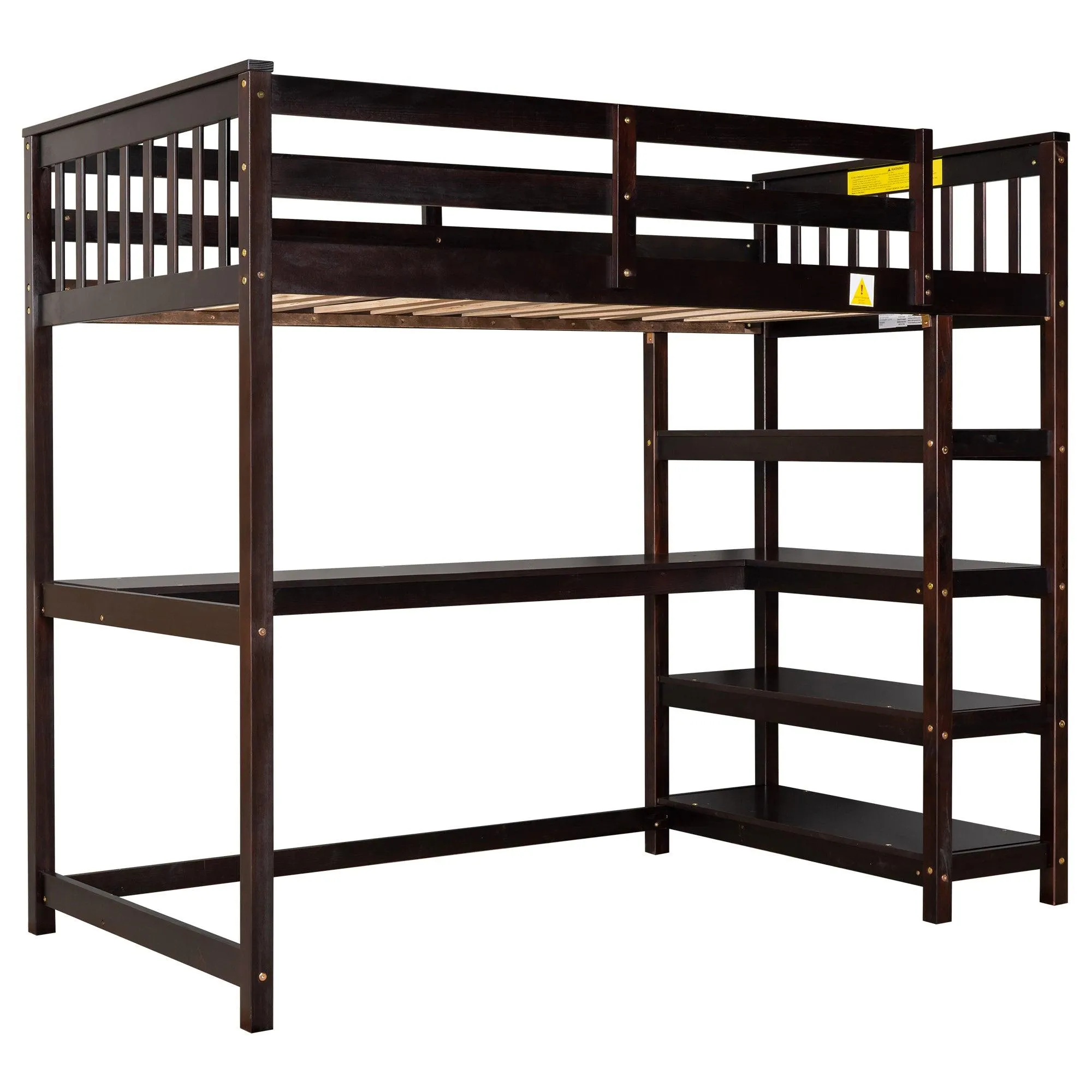 Espresso Twin Loft Bed with Storage Shelves and Under-Bed Desk