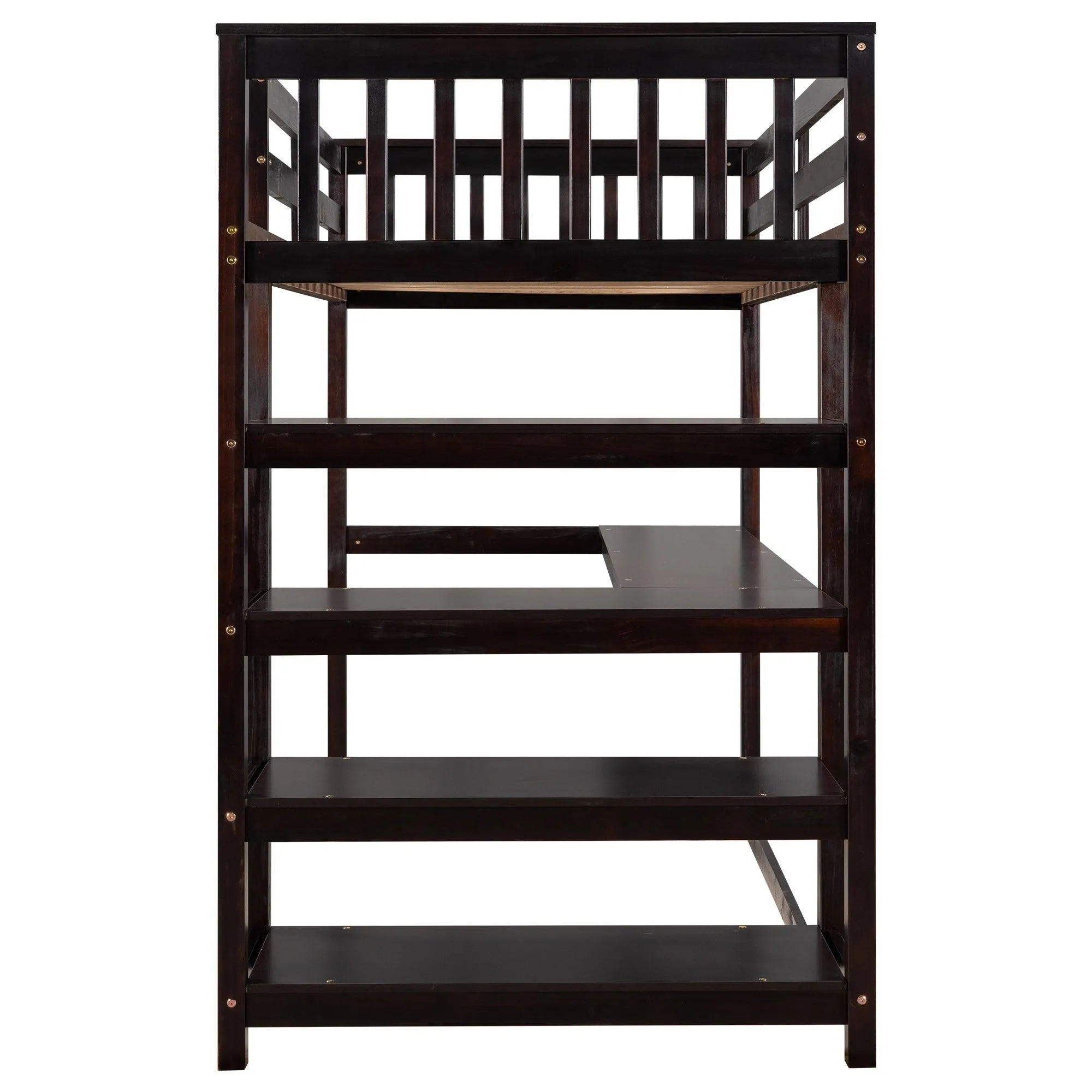 Espresso Twin Loft Bed with Storage Shelves and Under-Bed Desk