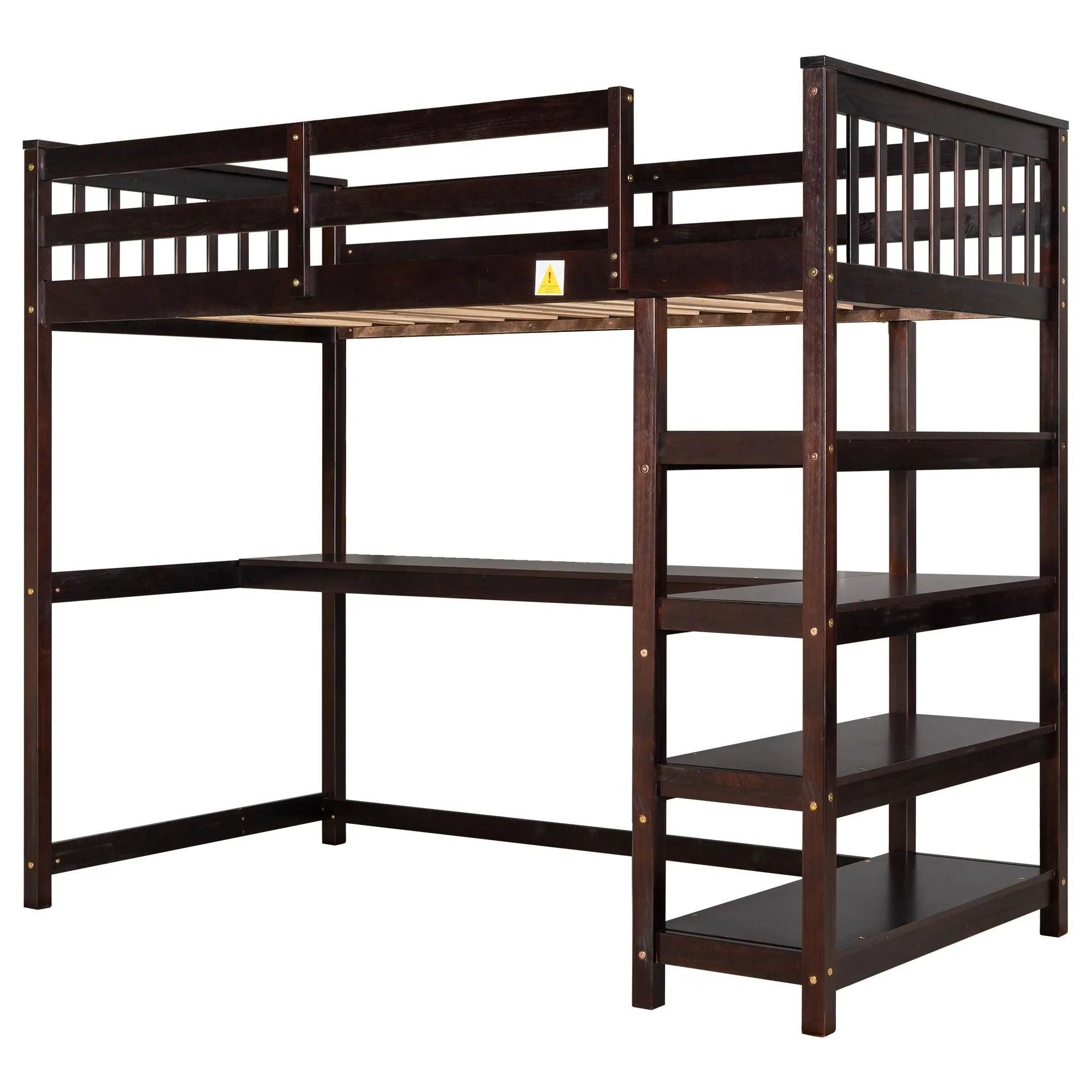 Espresso Twin Loft Bed with Storage Shelves and Under-Bed Desk