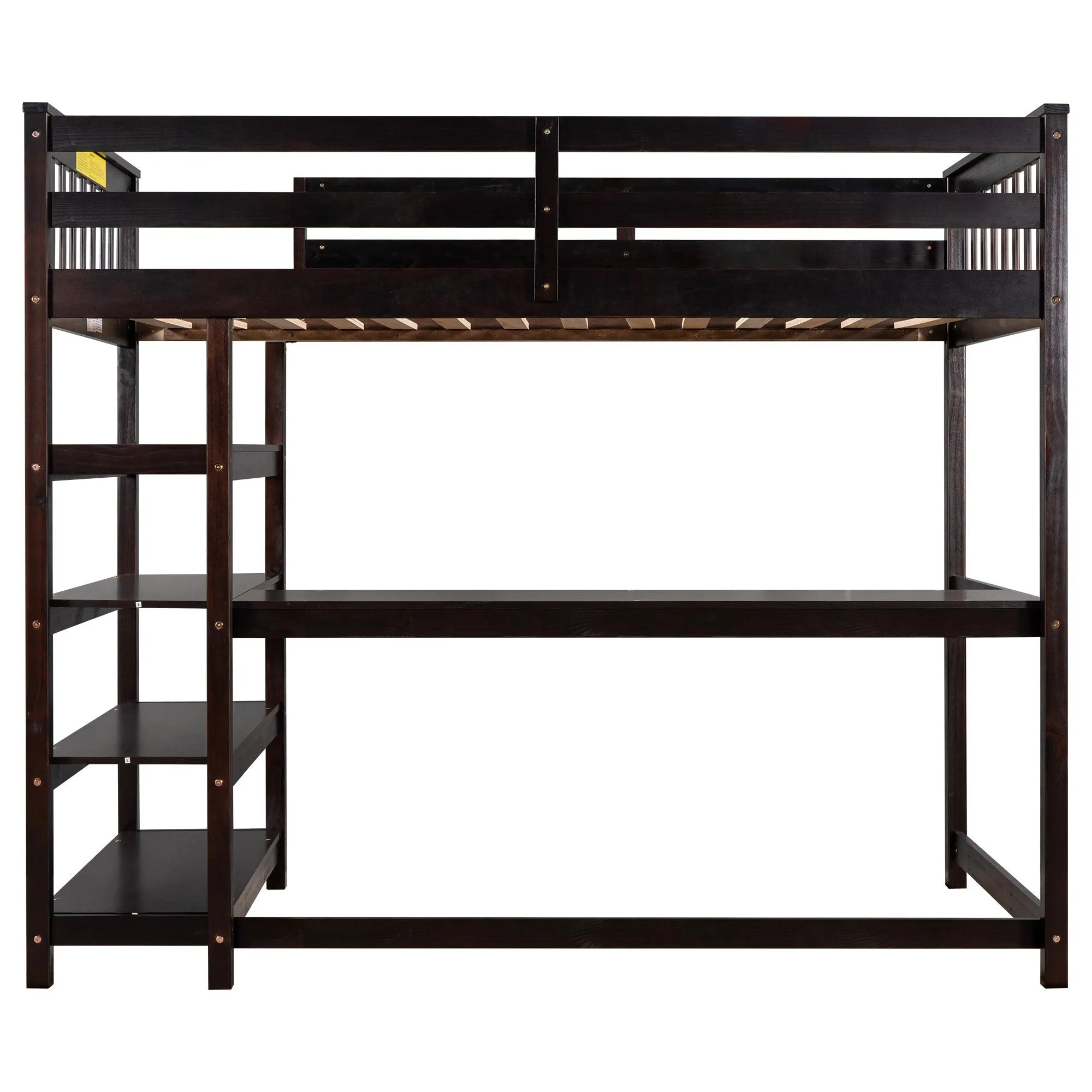 Espresso Twin Loft Bed with Storage Shelves and Under-Bed Desk