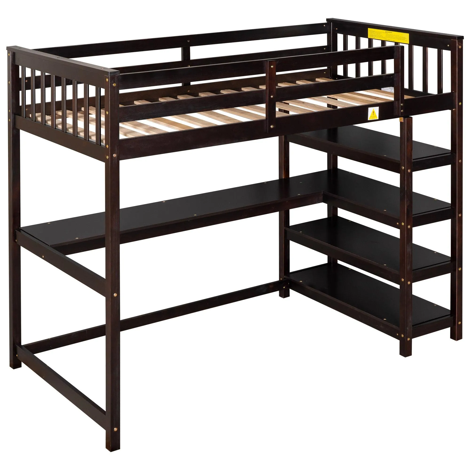 Espresso Twin Loft Bed with Storage Shelves and Under-Bed Desk