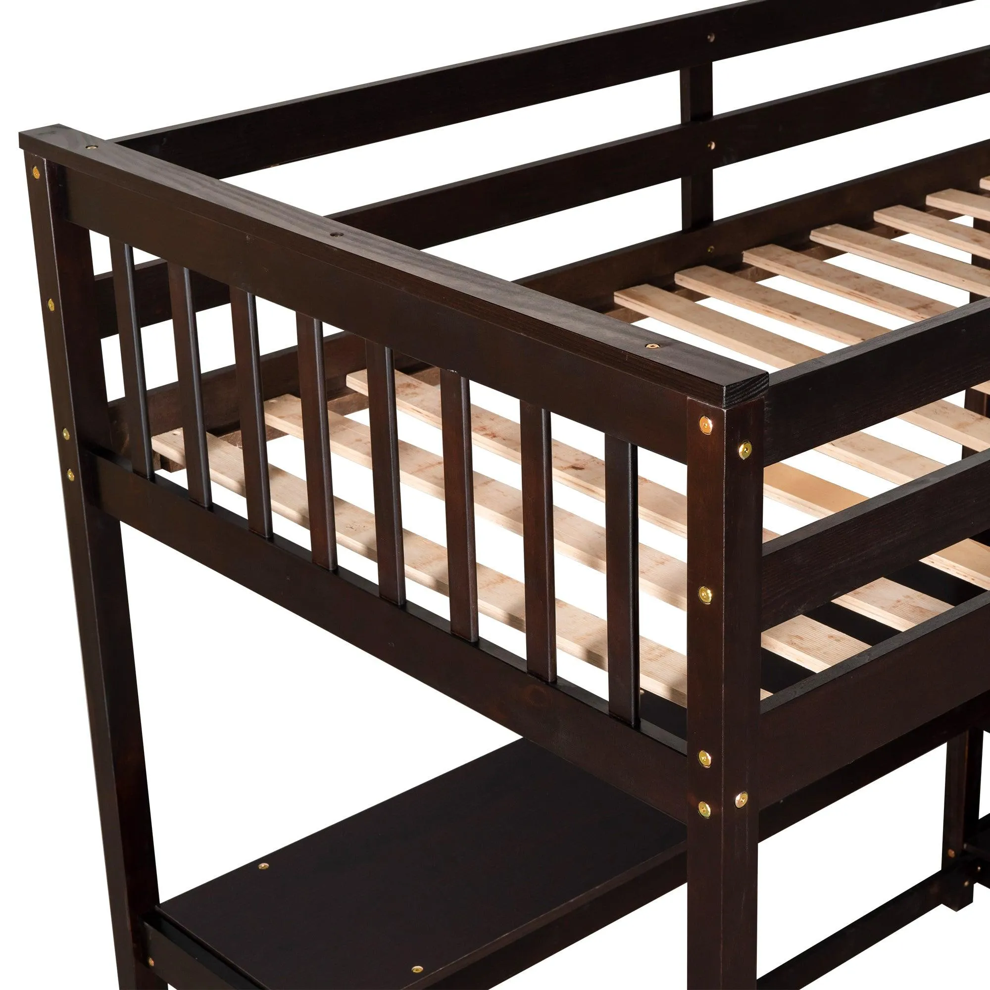 Espresso Twin Loft Bed with Storage Shelves and Under-Bed Desk