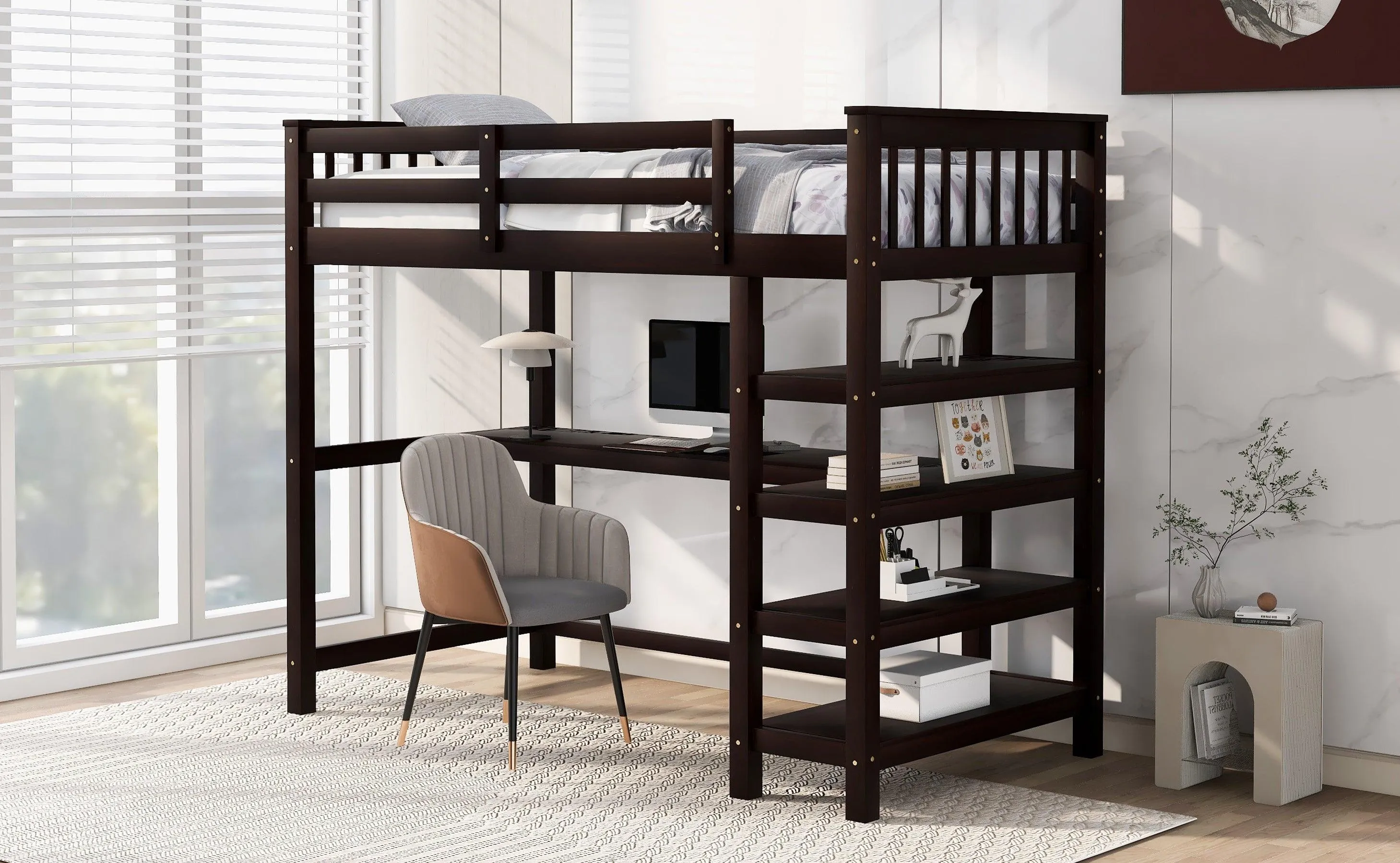 Espresso Twin Loft Bed with Storage Shelves and Under-Bed Desk