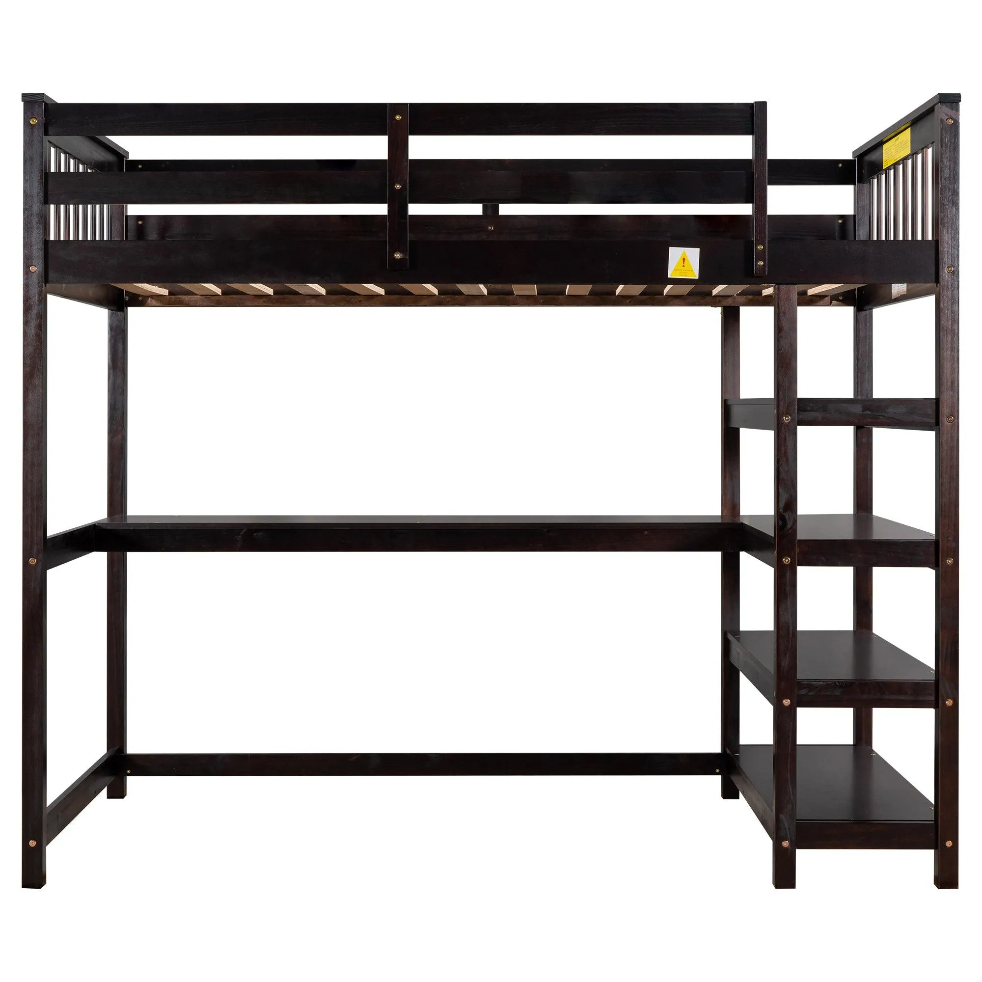 Espresso Twin Loft Bed with Storage Shelves and Under-Bed Desk