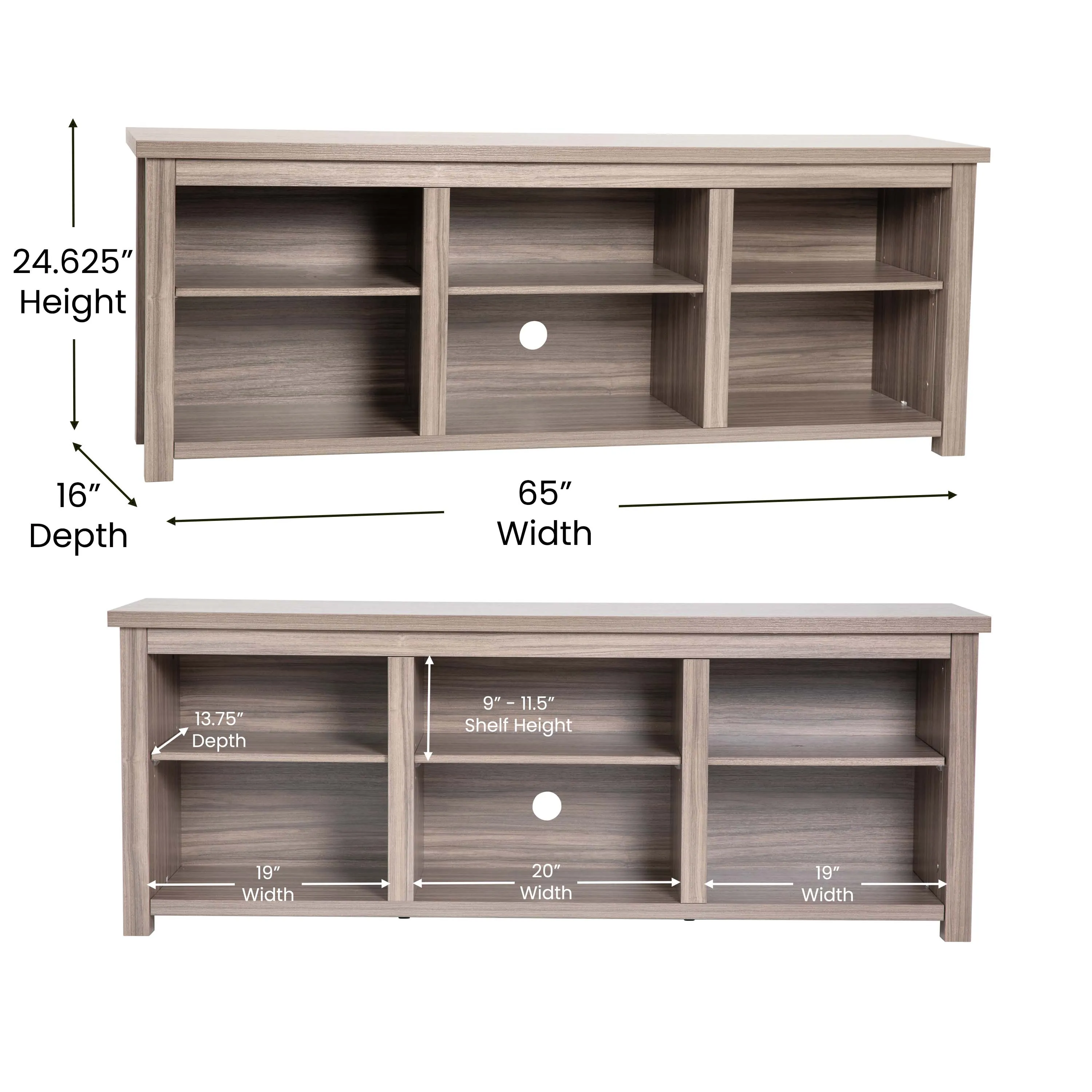 Giles 65" Farmhouse Style Media Console with Six Open Storage Compartments