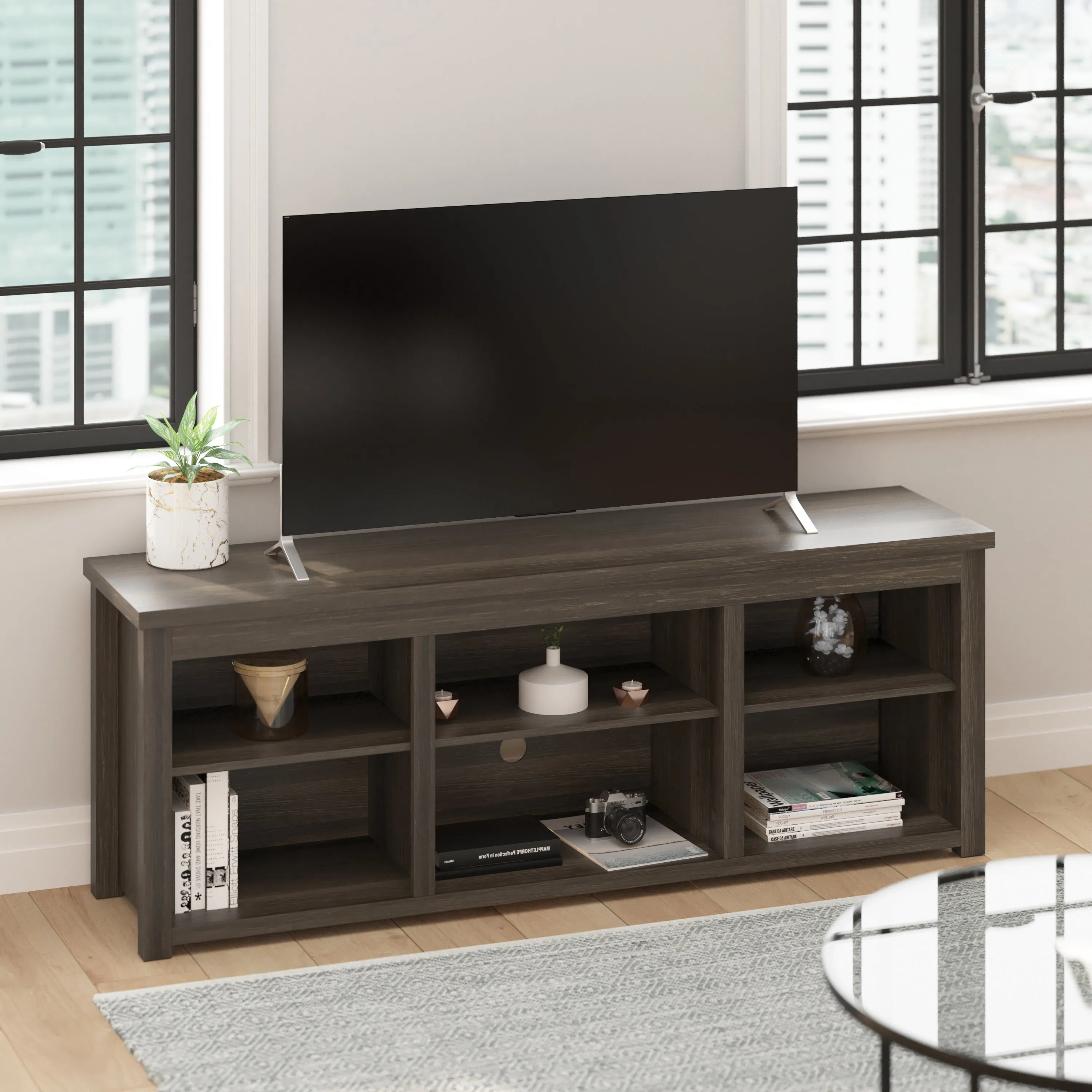 Giles 65" Farmhouse Style Media Console with Six Open Storage Compartments