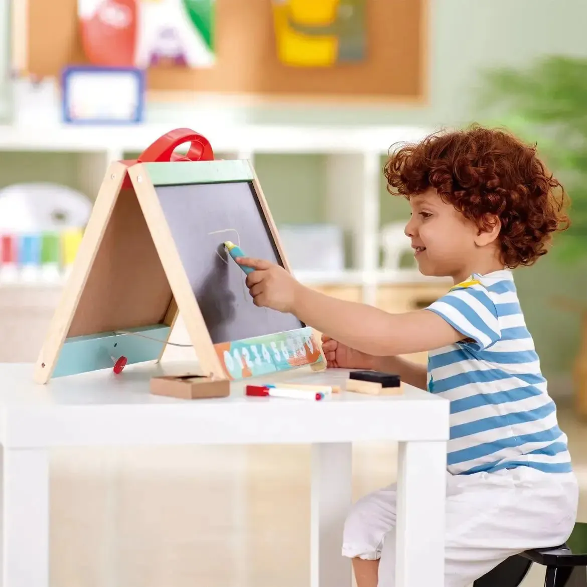 Hape Store & Go Easel Folding Double-Sided Tabletop Blackboard & Whiteboard with Chalks, Markers