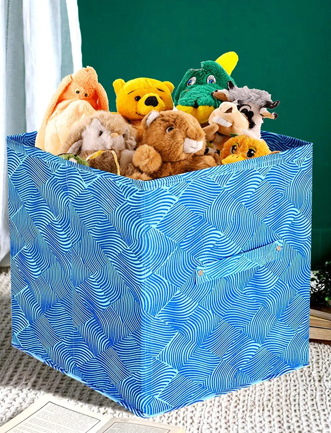 Heart Home Lehariya Printed Non-Woven Foldable Storage Bin/Cube/Organizer For Toys, Clothes And Books With Handles (Blue) -HS43HEARTH26240