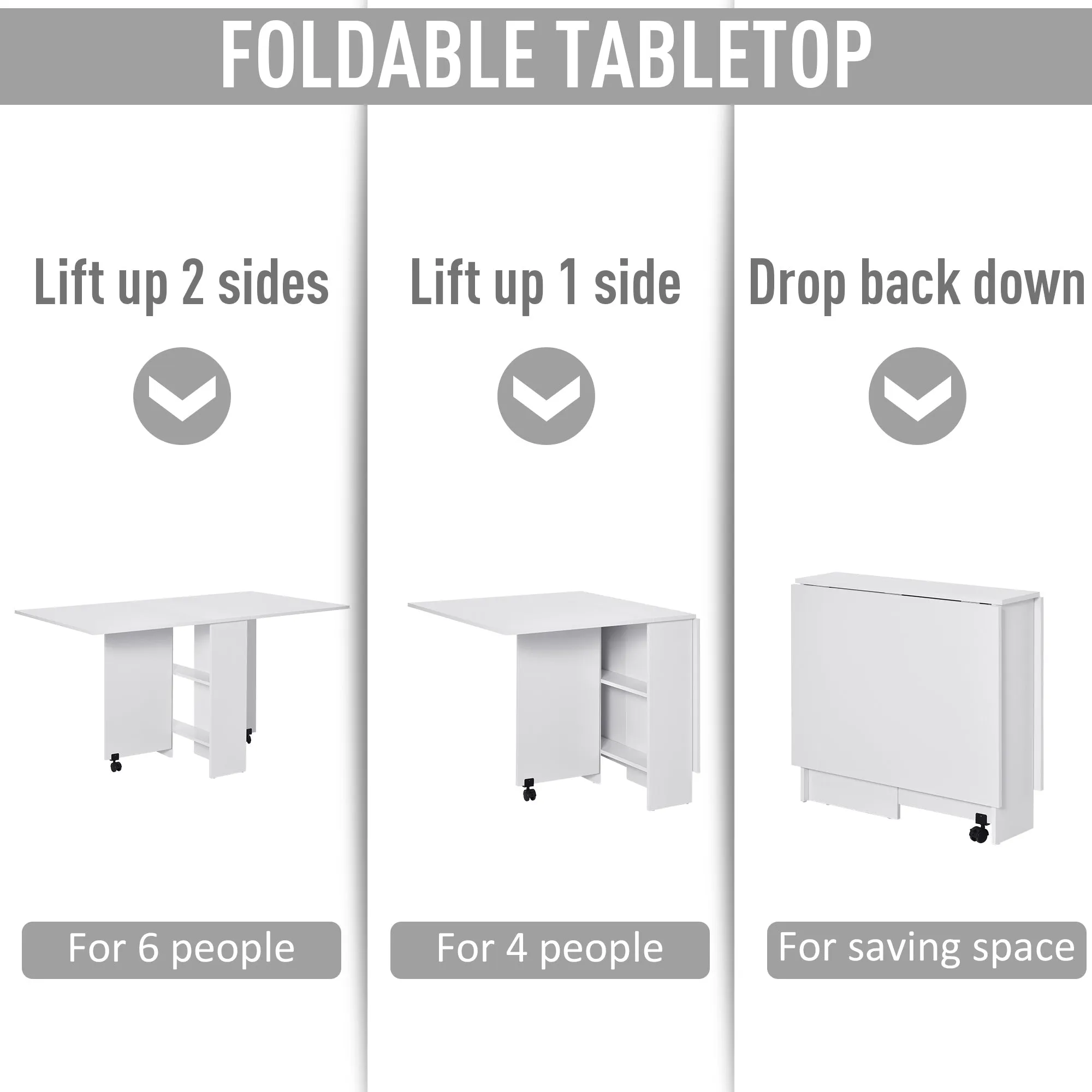 Homcom Mobile Drop Leaf Dining Kitchen Table Folding Desk For Small Spaces With 2 Wheels & 2 Storage Shelves White