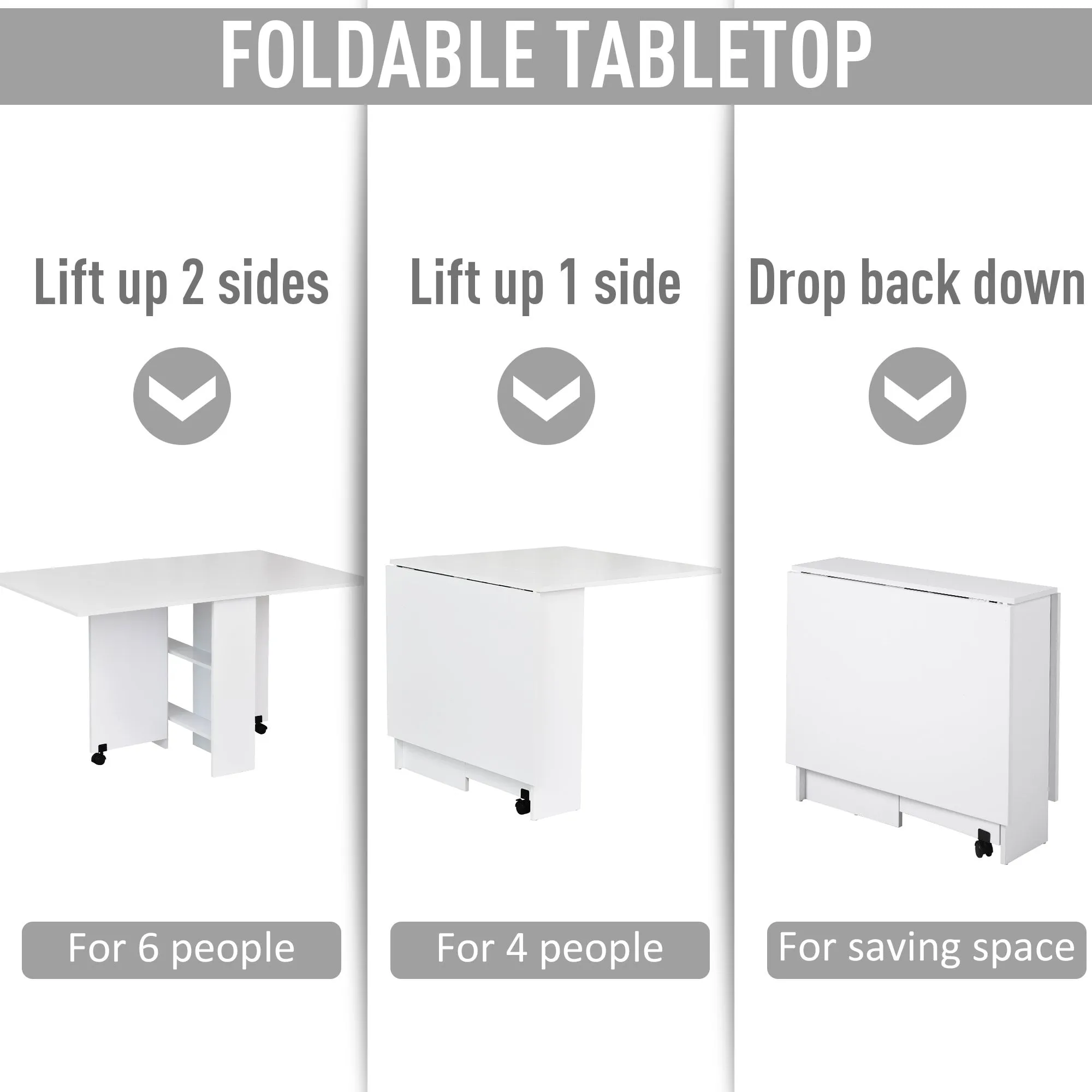 Kitchen Folding Desk Mobile Drop Leaf Dining Table With Wheels & Storage Shelves - White Wood Grain