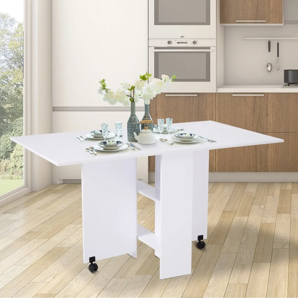 Kitchen Folding Desk Mobile Drop Leaf Dining Table With Wheels & Storage Shelves - White Wood Grain