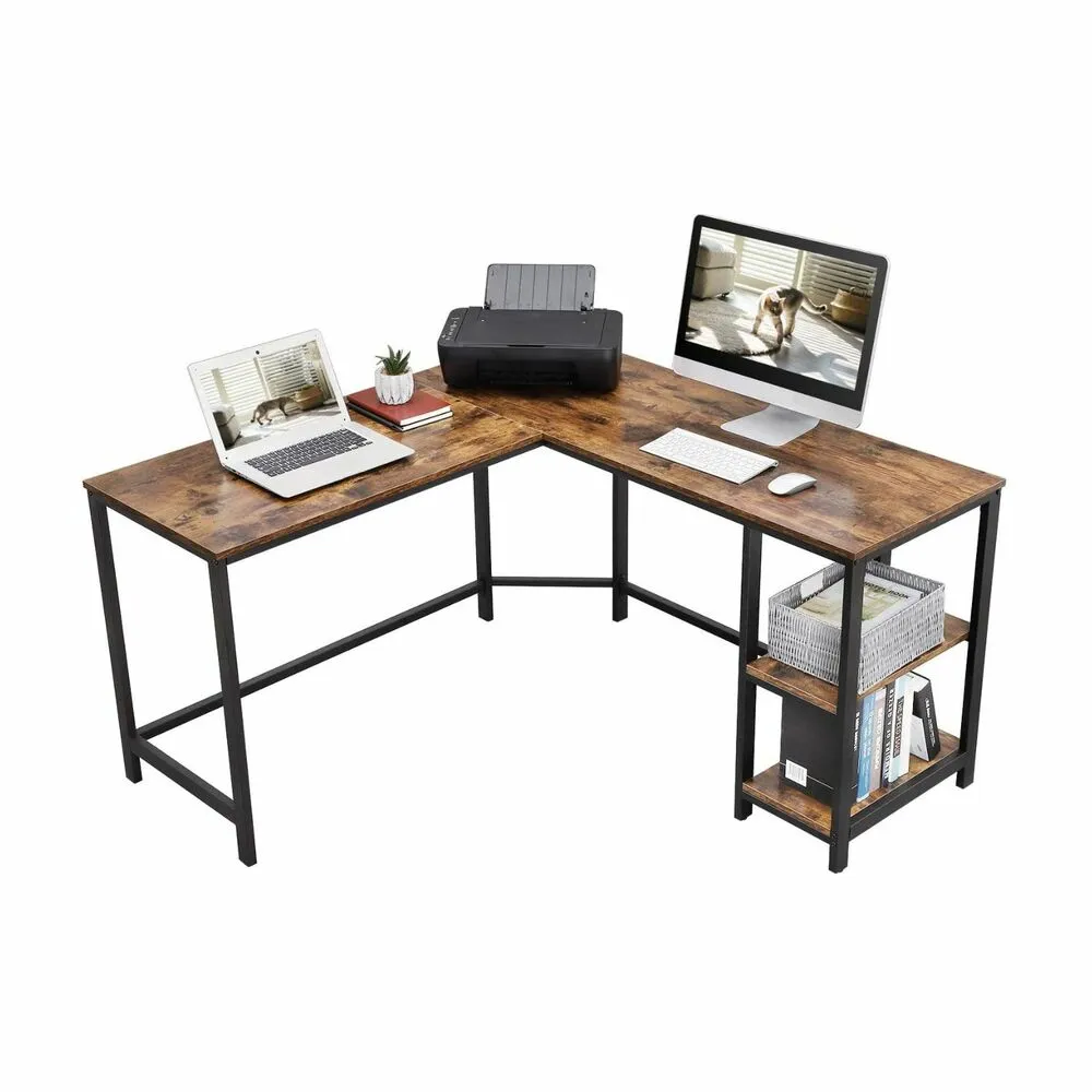 L-Shaped Corner Desk with Shelves, Rustic Brown and Black - VASAGLE