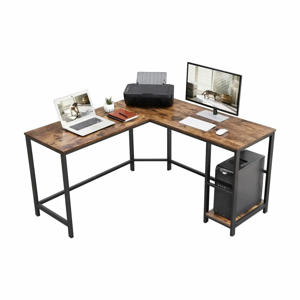 L-Shaped Corner Desk with Shelves, Rustic Brown and Black - VASAGLE