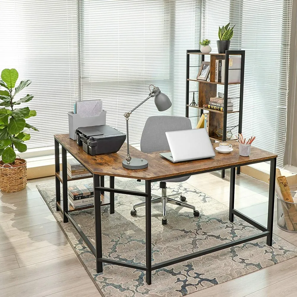 L-Shaped Corner Desk with Shelves, Rustic Brown and Black - VASAGLE