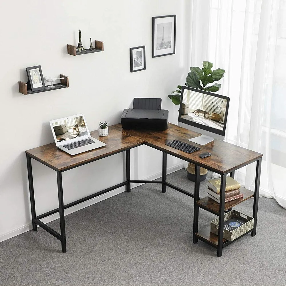 L-Shaped Corner Desk with Shelves, Rustic Brown and Black - VASAGLE