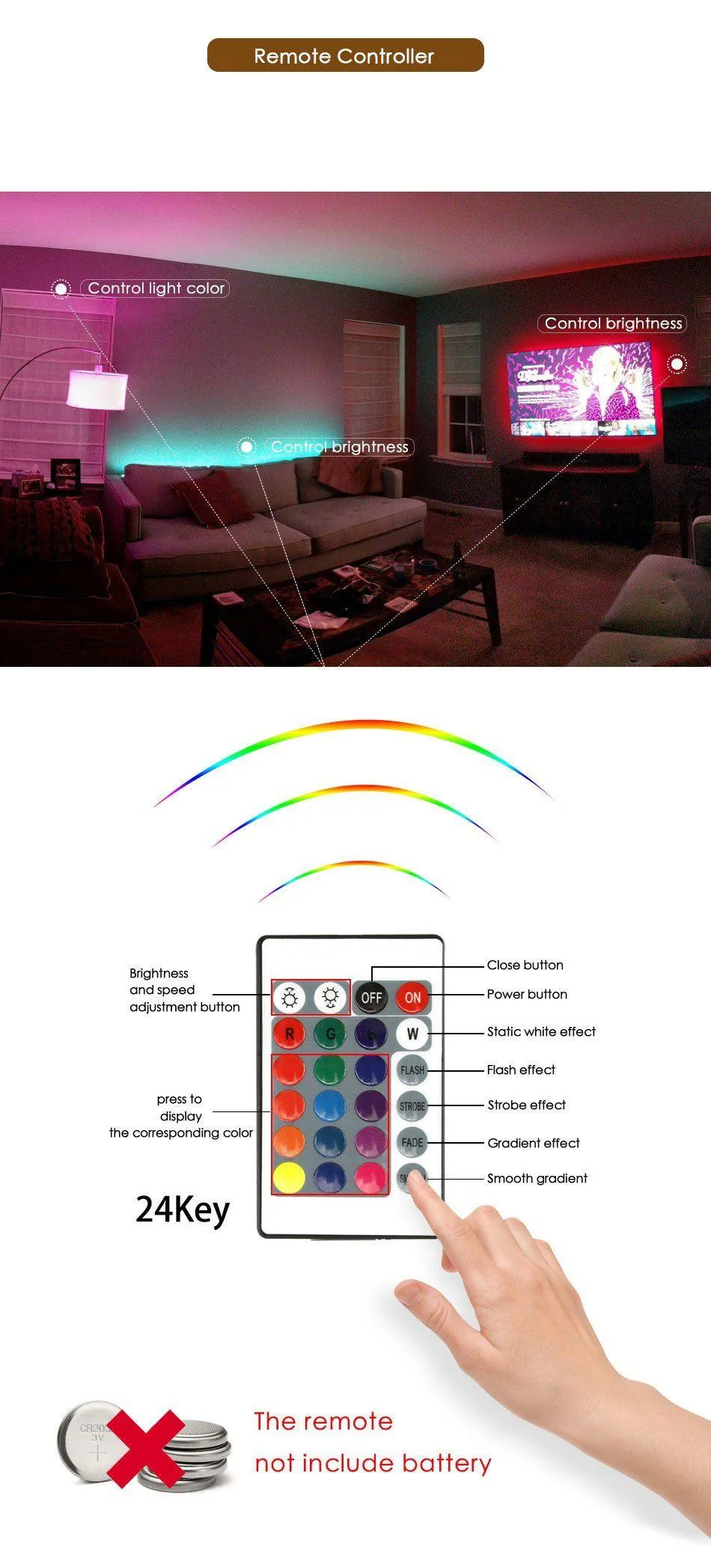 LED Strip Lights -DC 5V 3Key USB Cable Power Flexible 50CM 1M 2M 3M 4M 5M