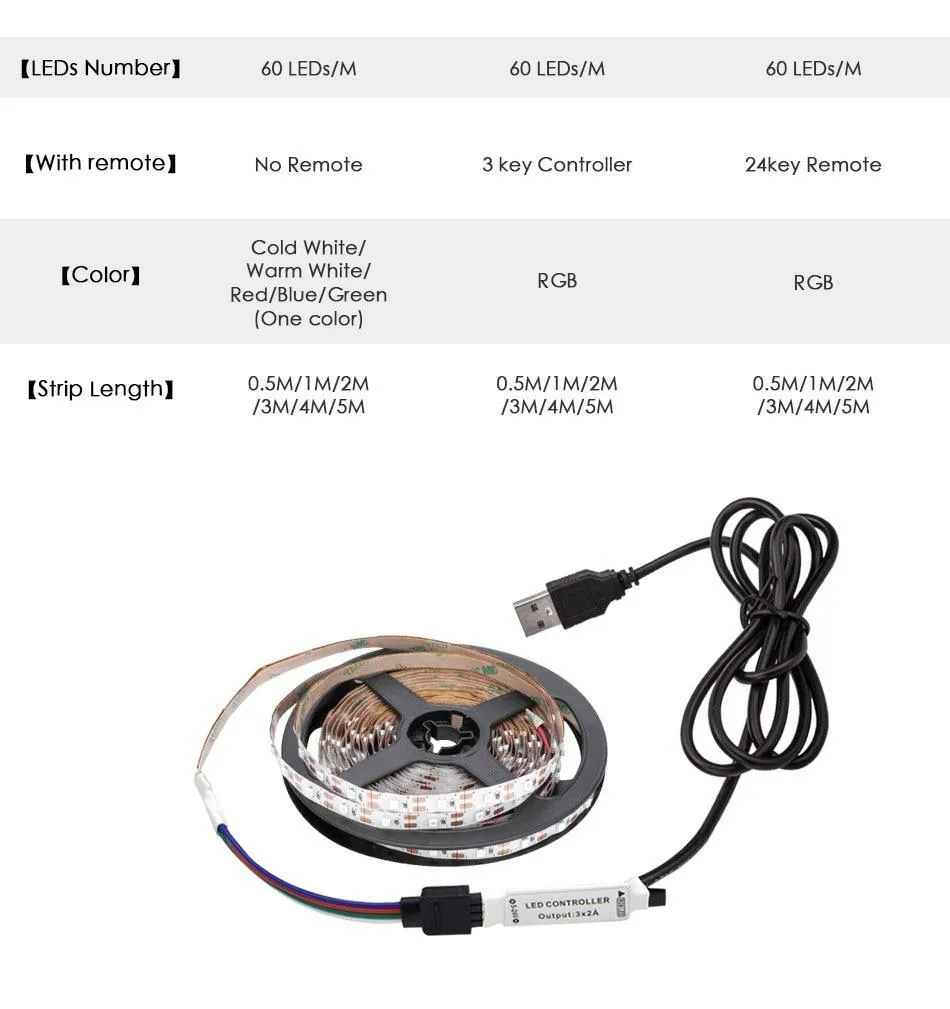 LED Strip Lights -DC 5V 3Key USB Cable Power Flexible 50CM 1M 2M 3M 4M 5M