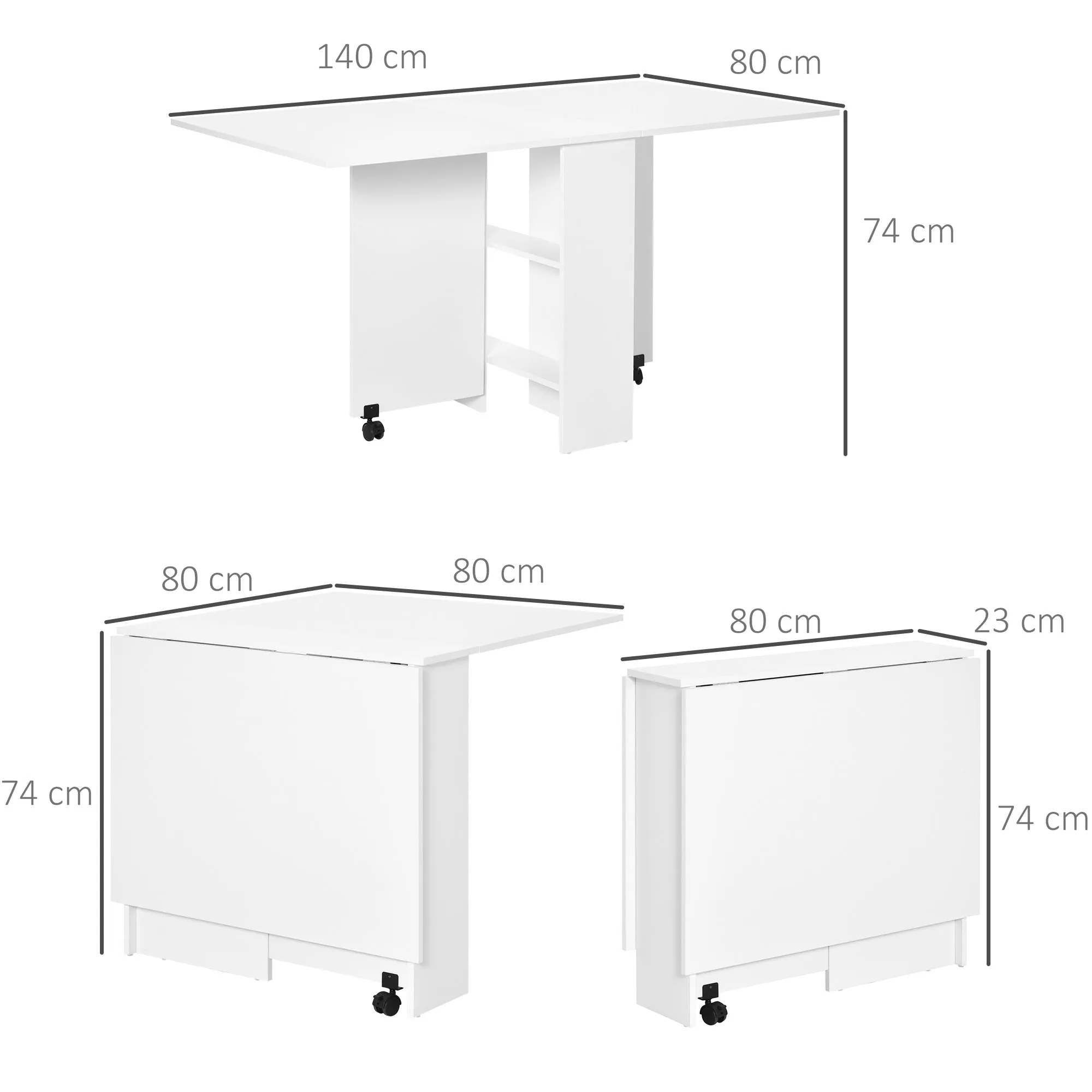 Mobile Drop Leaf Dining Kitchen Table Folding Desk For Small Spaces With 2 Wheels & 2 Storage Shelves White