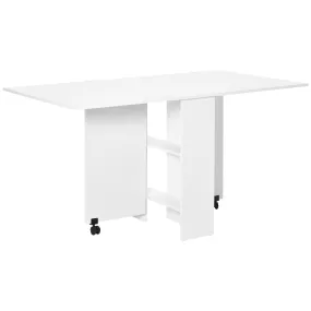 Mobile Drop Leaf Dining Kitchen Table Folding Desk For Small Spaces With 2 Wheels & 2 Storage Shelves White