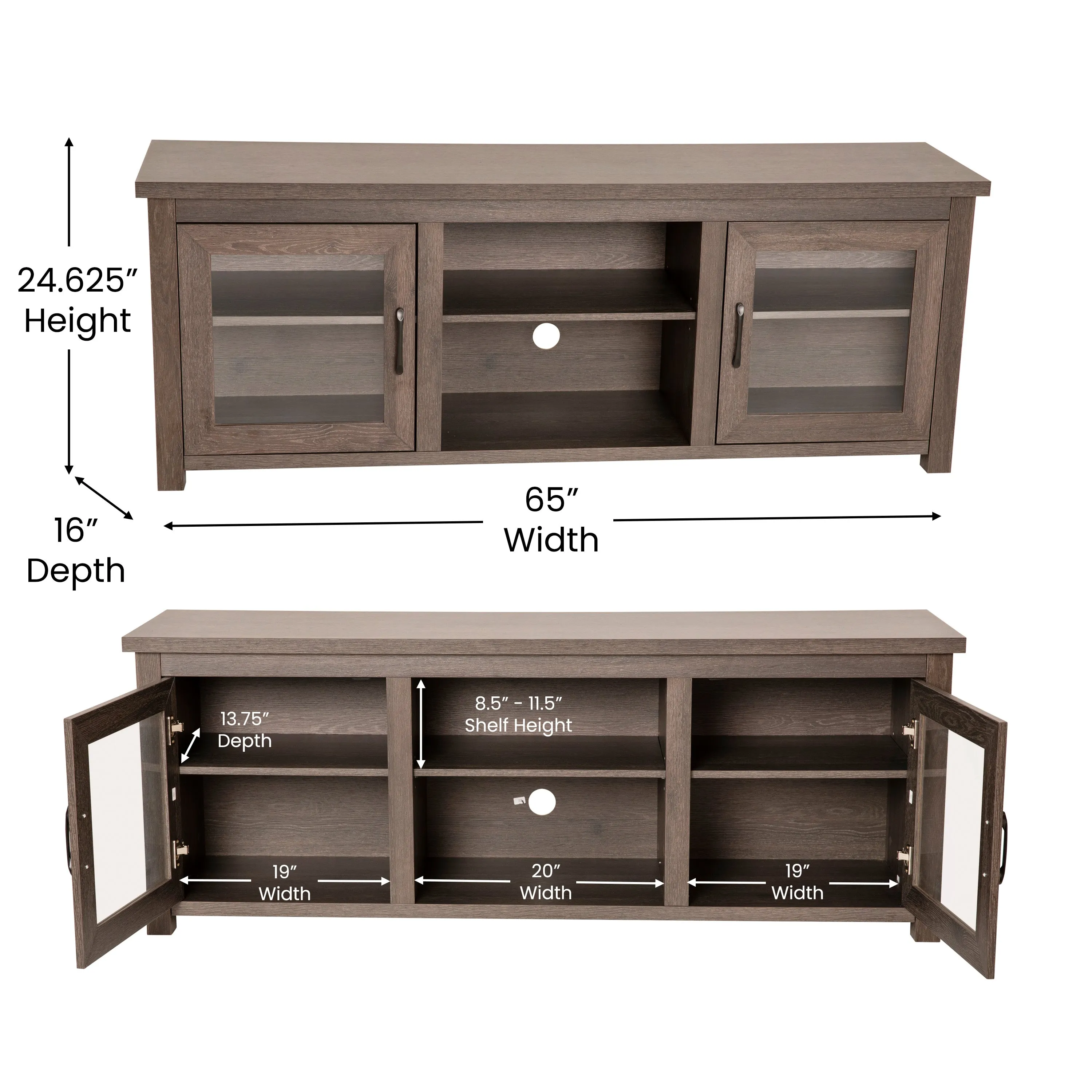 Morgen 65" Wooden Media Console with Full Pane Glass Doors and Shelving