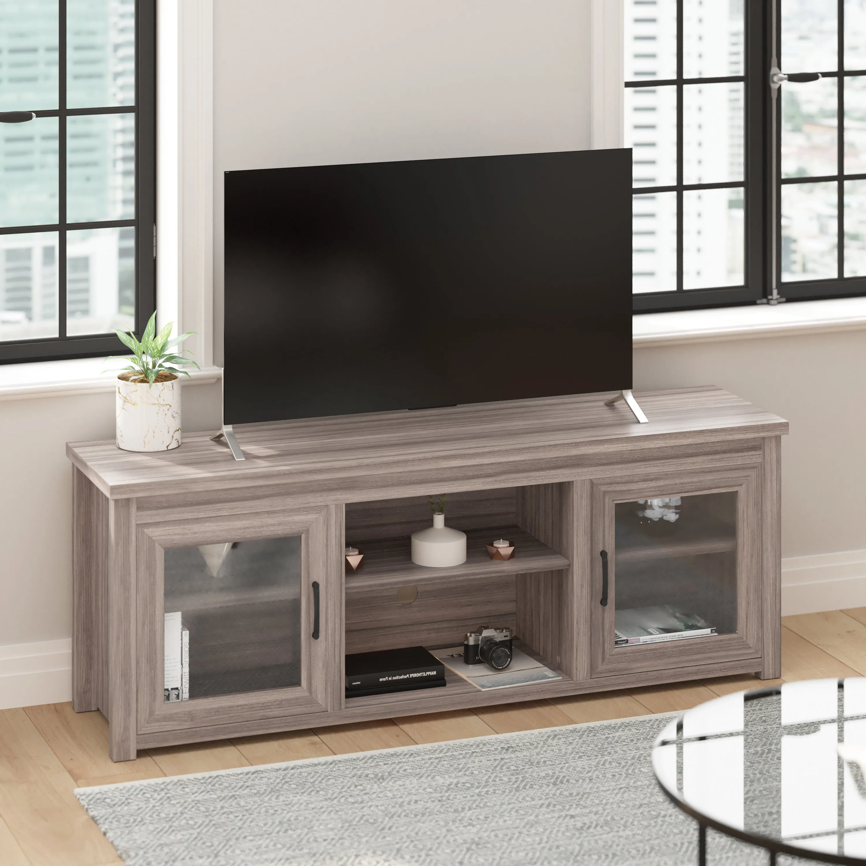 Morgen 65" Wooden Media Console with Full Pane Glass Doors and Shelving