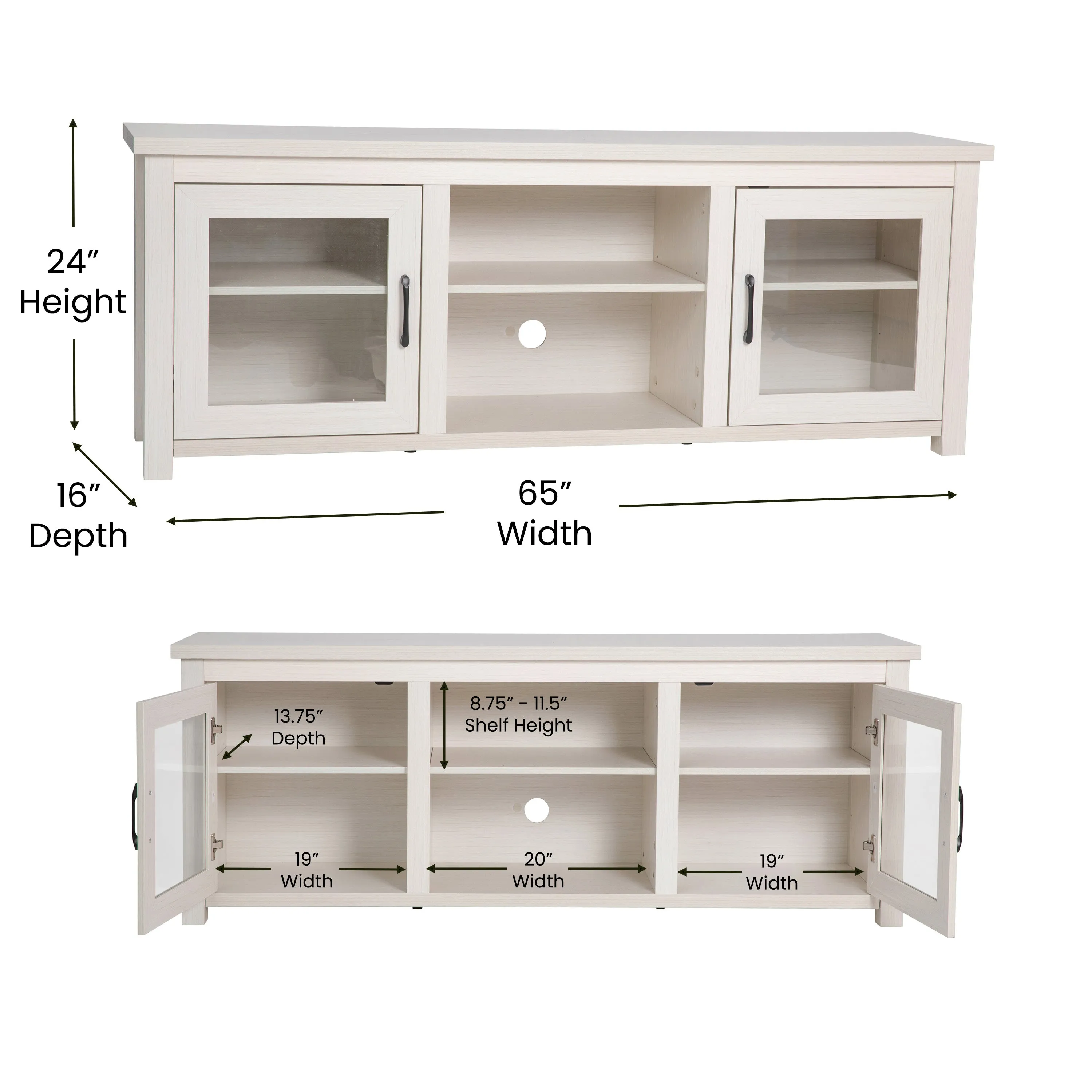 Morgen 65" Wooden Media Console with Full Pane Glass Doors and Shelving