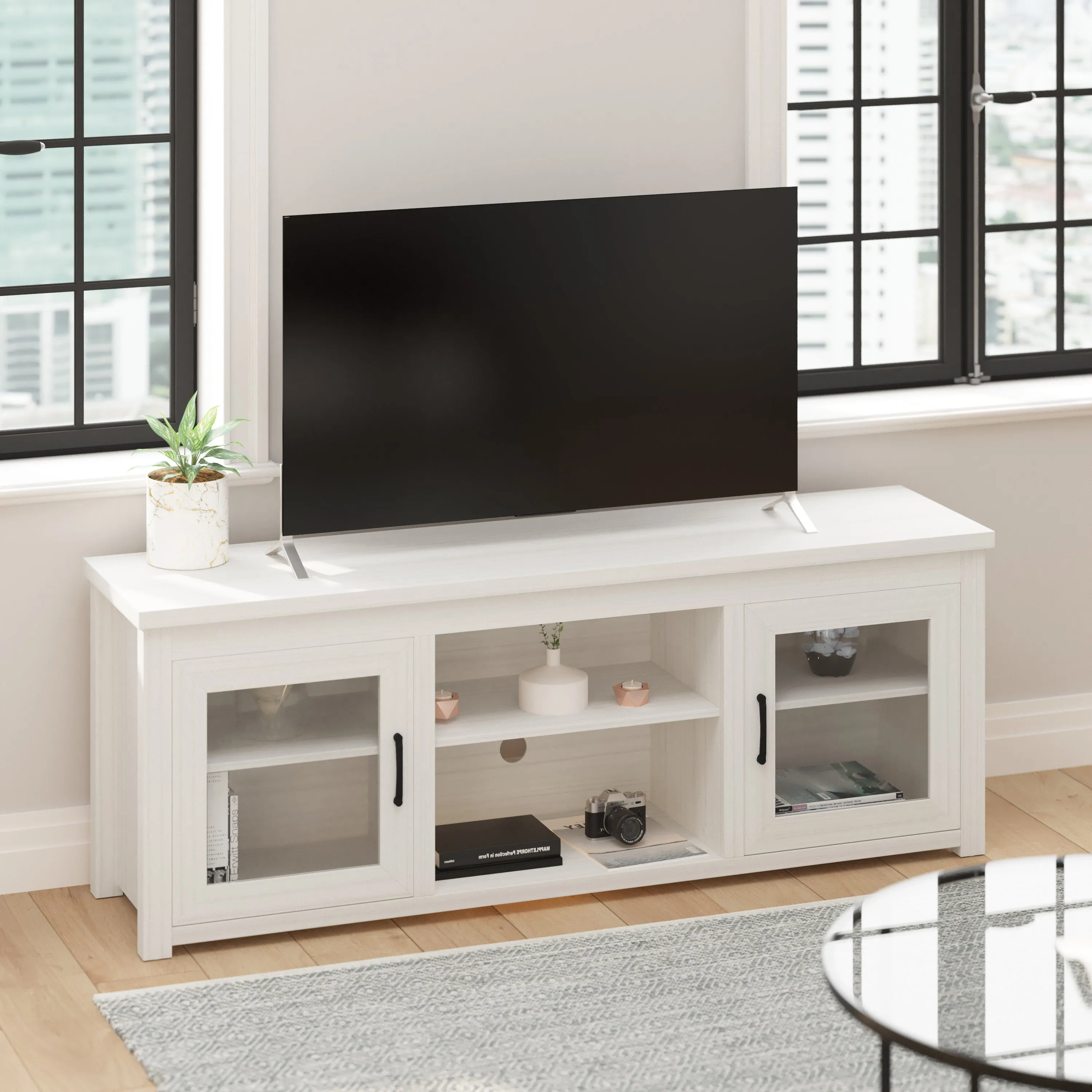 Morgen 65" Wooden Media Console with Full Pane Glass Doors and Shelving