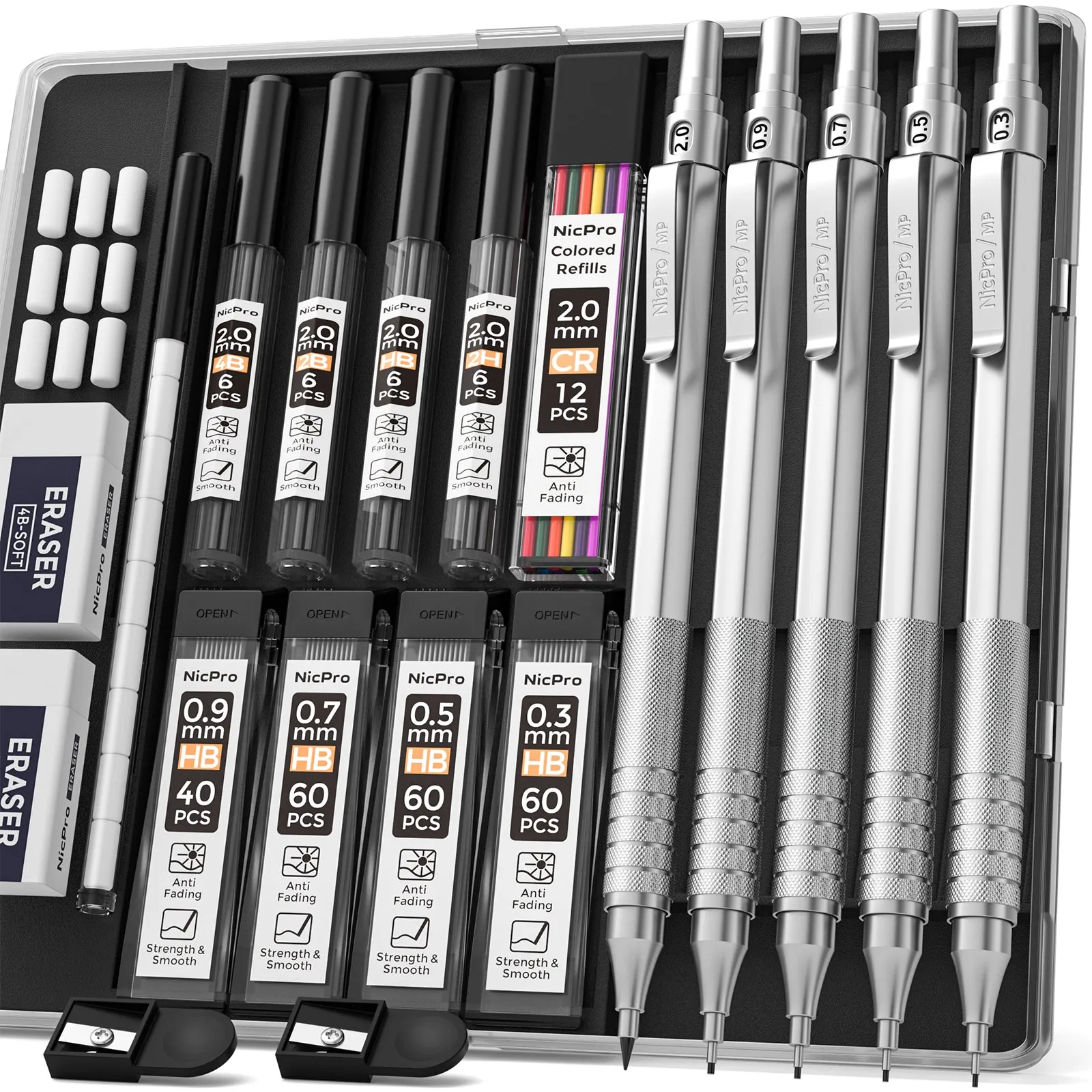 Nicpro 5 PCS Art Mechanical Pencils Set, Metal Drafting Pencil 0.3 & 0.5 & 0.7 & 0.9 mm & 2mm Graphite Lead Holder(2B HB Colors) For Writing Sketching Drawing With Lead Refills Erasers Sharpeners Case