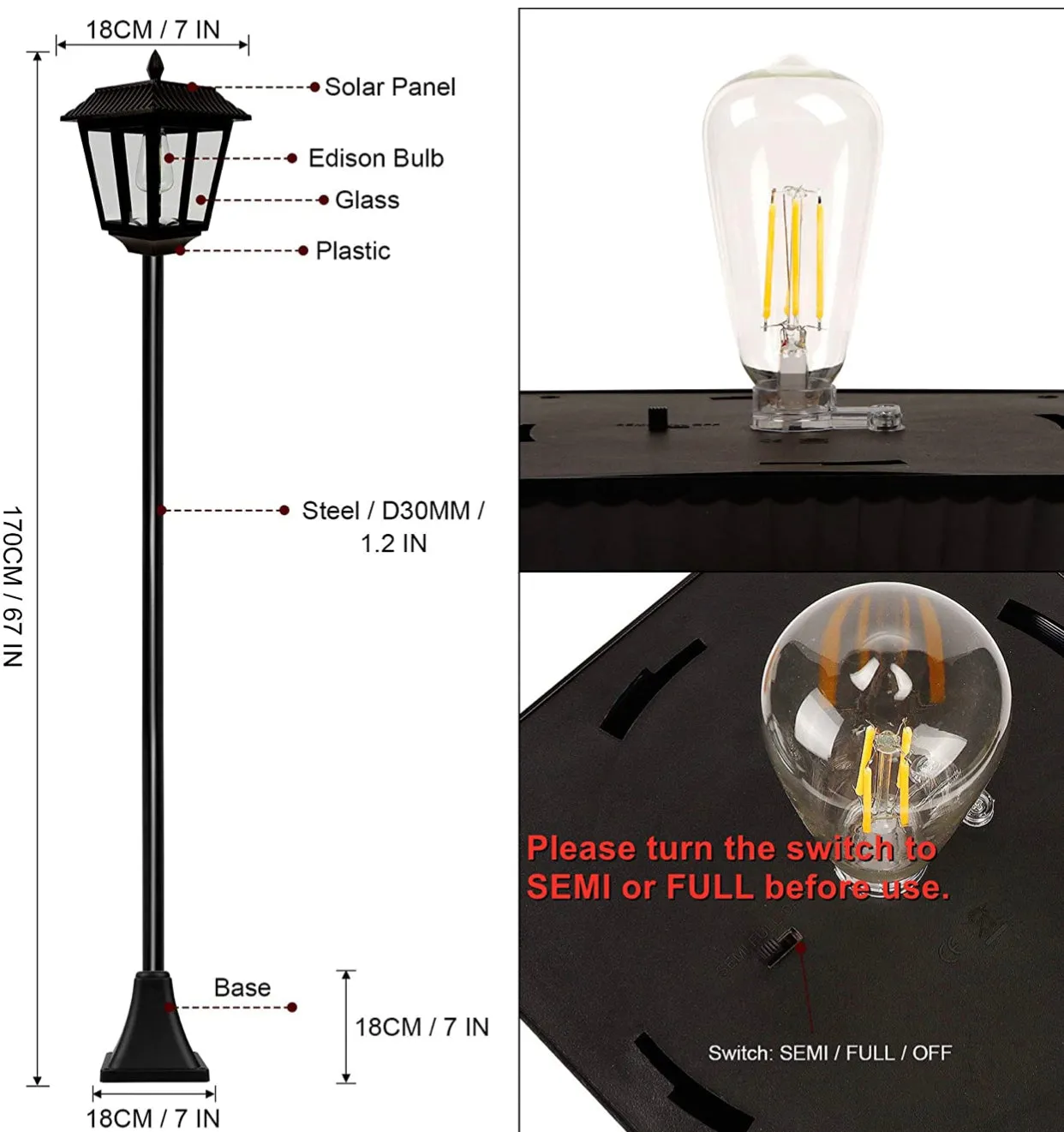 SmartYard 67 Inch Solar Lamp Post Lights, 100 Lumen Solar Powered Vintage Street Lights Outdoor, Warm White LED Edison Bulb Solar Post Light