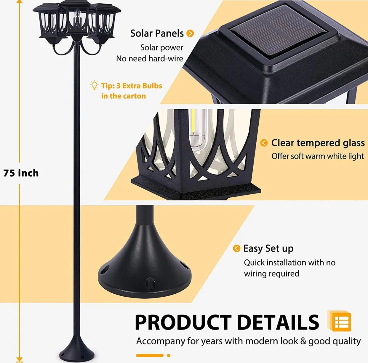 SmartYard Aluminum 74.8“ Outdoor Lamp Post Lights ,3-Head Waterproof Street Lights 60 Lumen