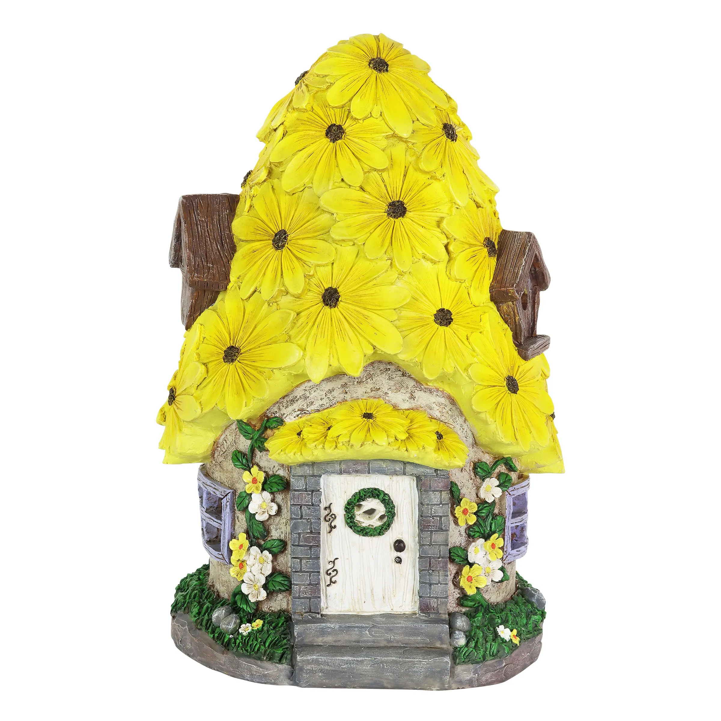 Solar Sunflower Roof Fairy Garden House, 9 by 15 Inches