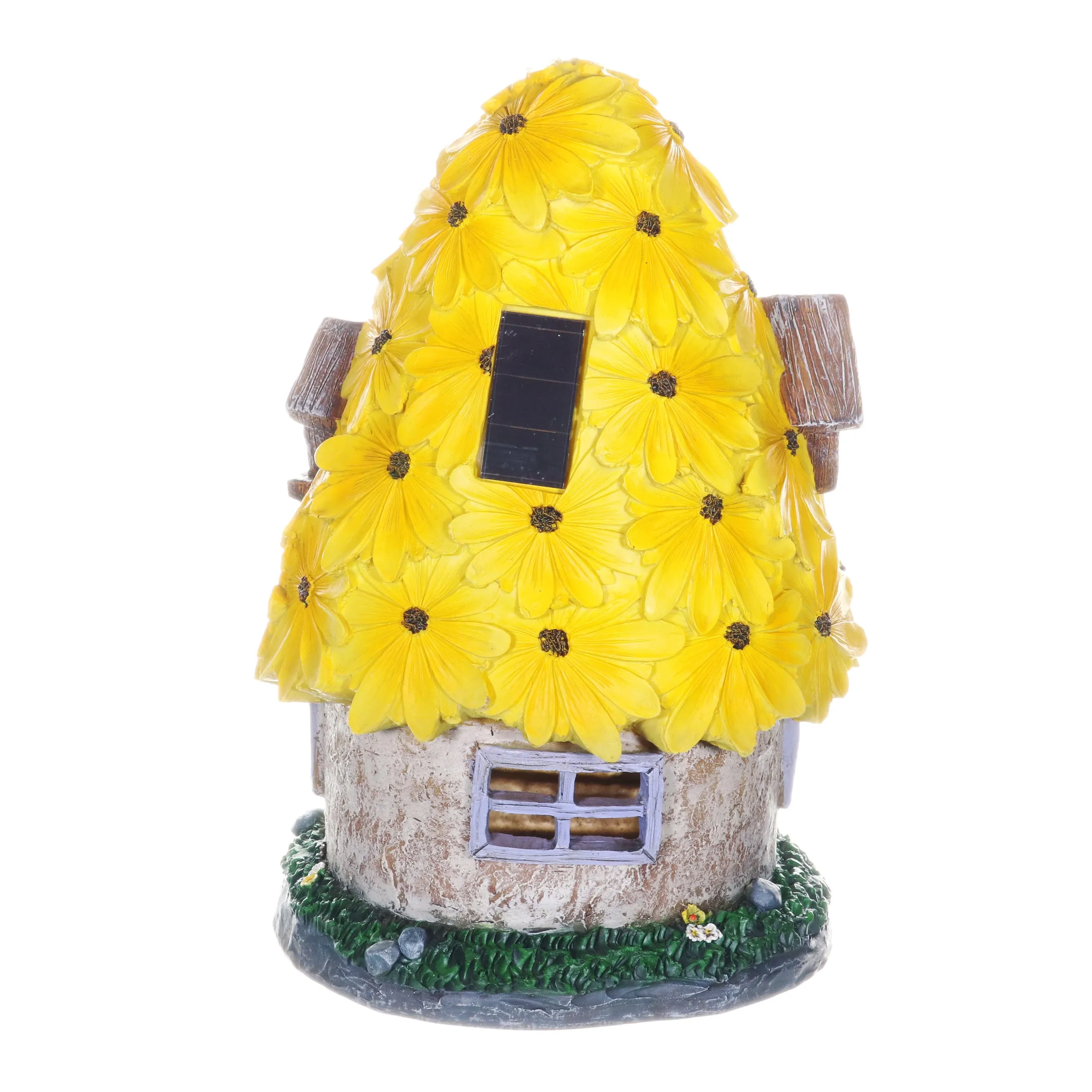 Solar Sunflower Roof Fairy Garden House, 9 by 15 Inches