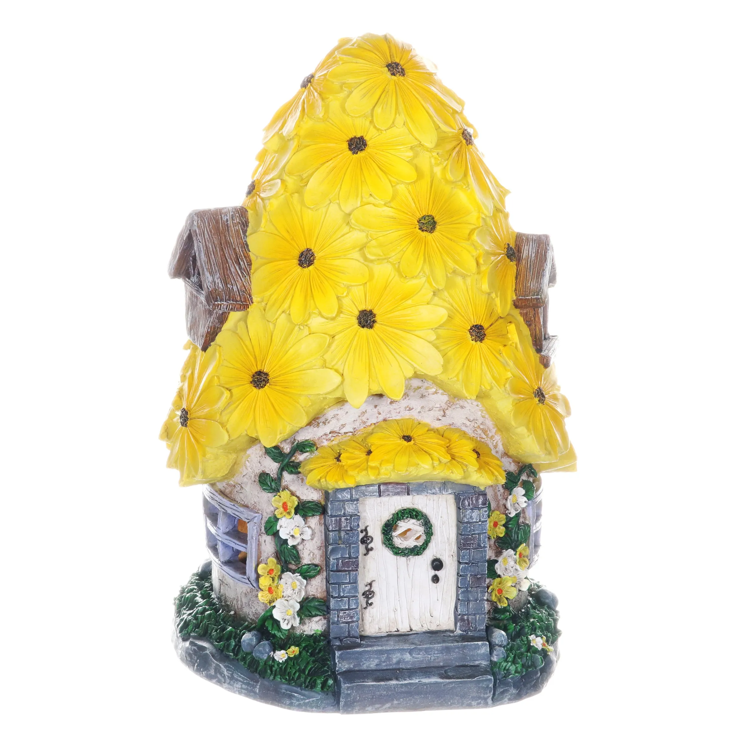 Solar Sunflower Roof Fairy Garden House, 9 by 15 Inches