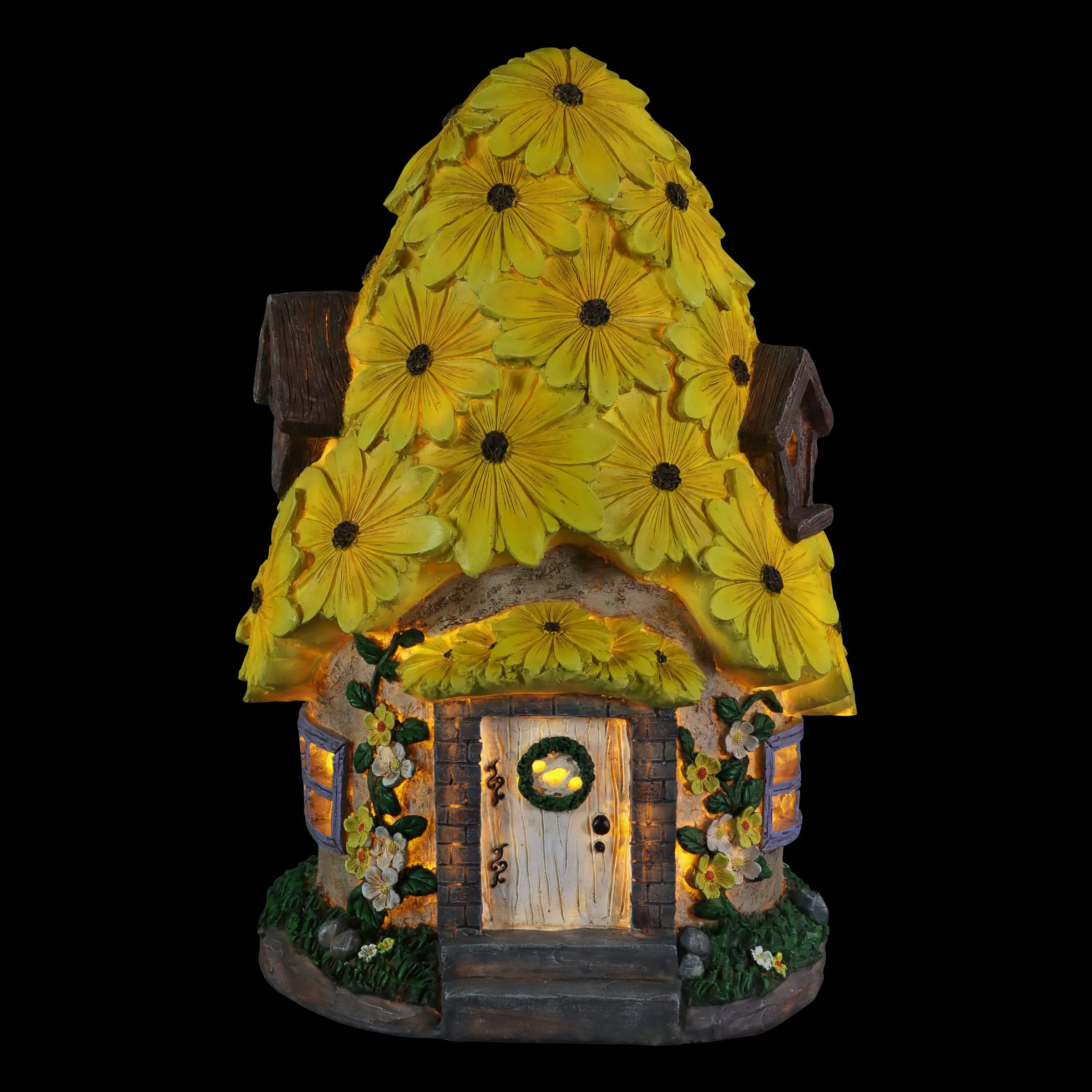 Solar Sunflower Roof Fairy Garden House, 9 by 15 Inches