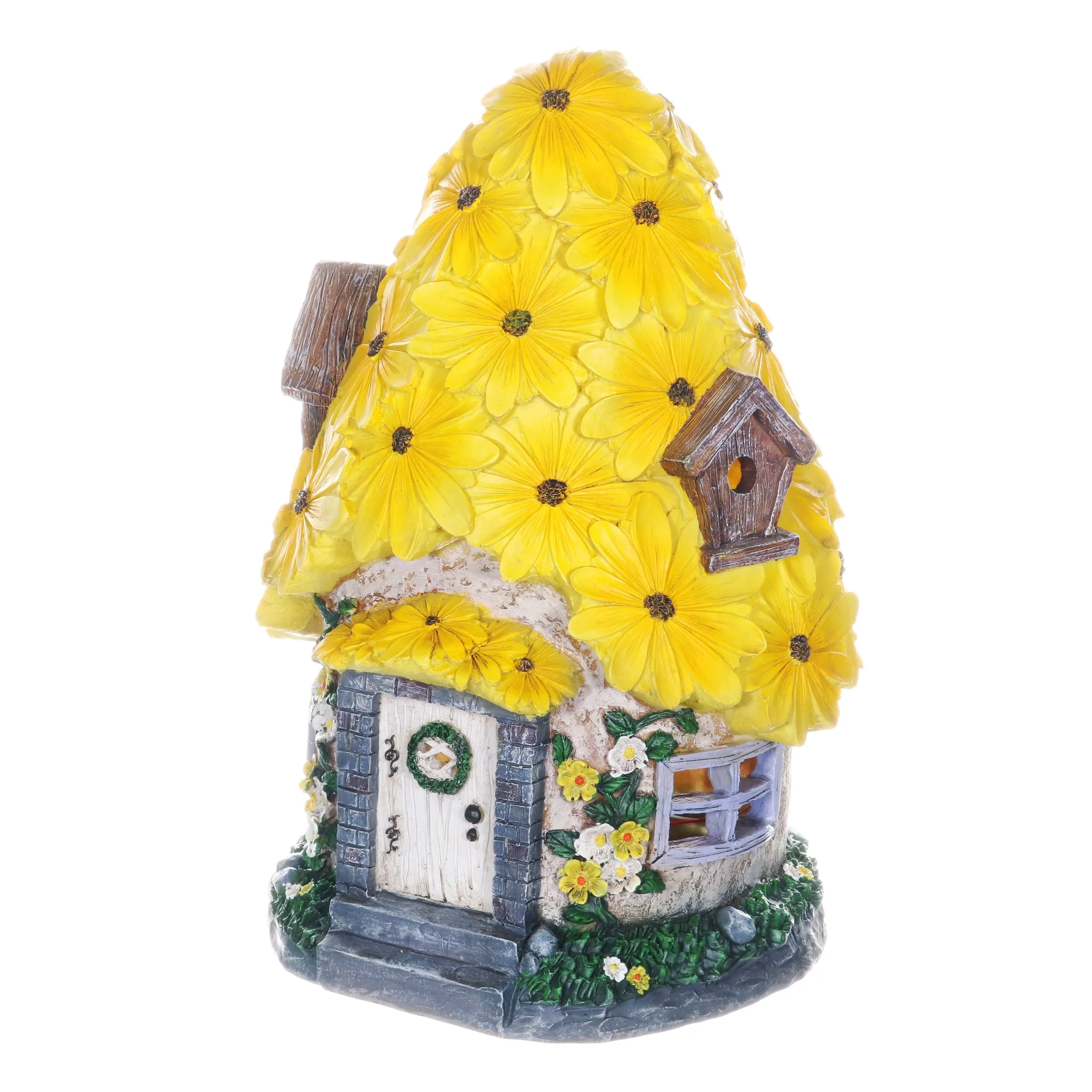 Solar Sunflower Roof Fairy Garden House, 9 by 15 Inches