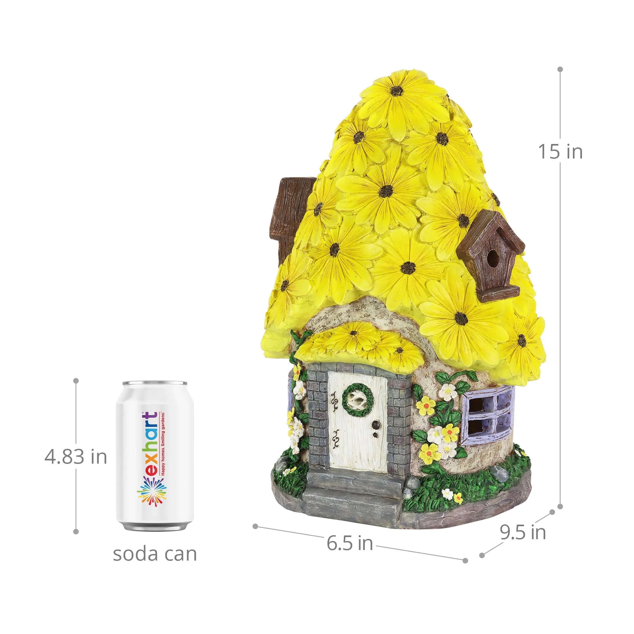 Solar Sunflower Roof Fairy Garden House, 9 by 15 Inches