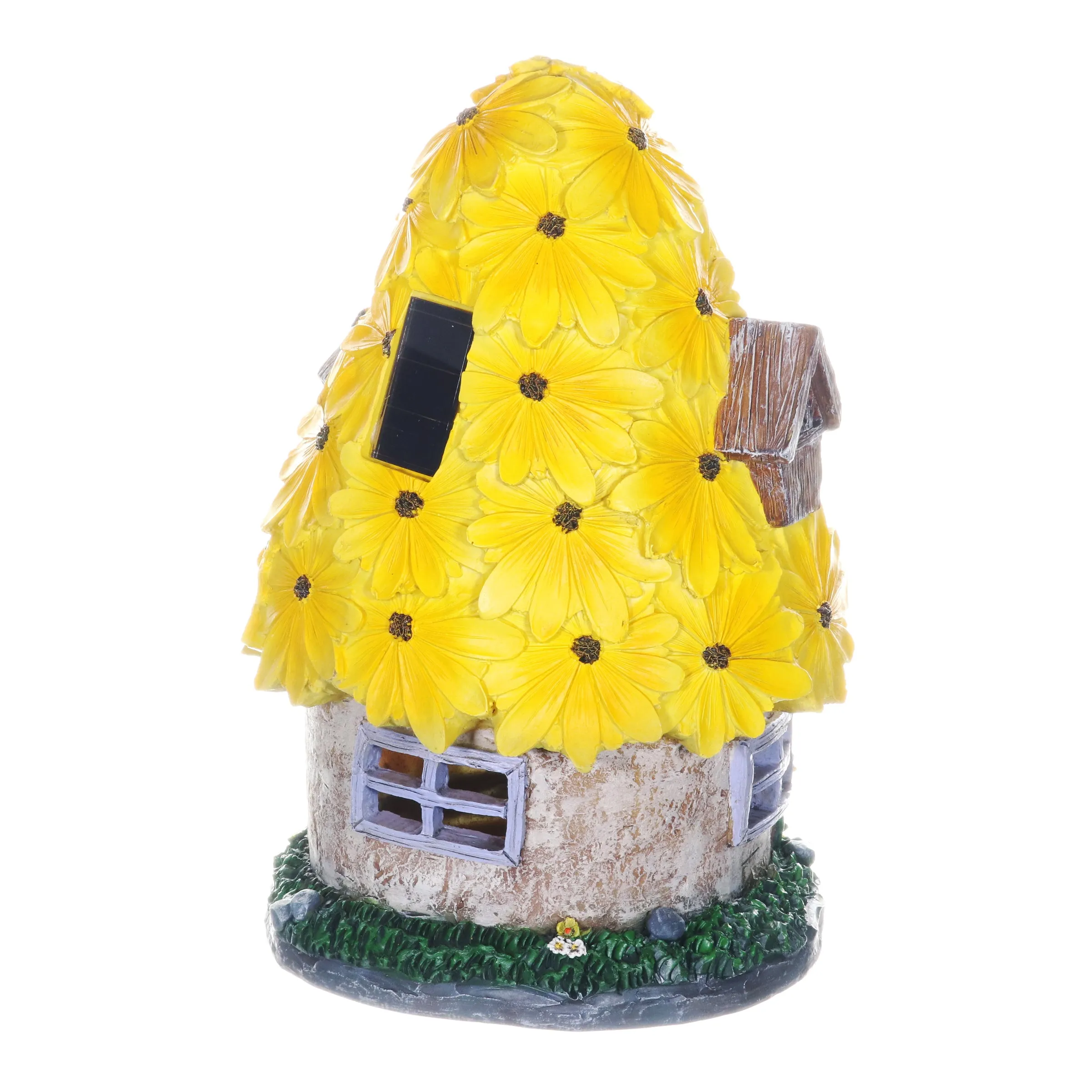 Solar Sunflower Roof Fairy Garden House, 9 by 15 Inches