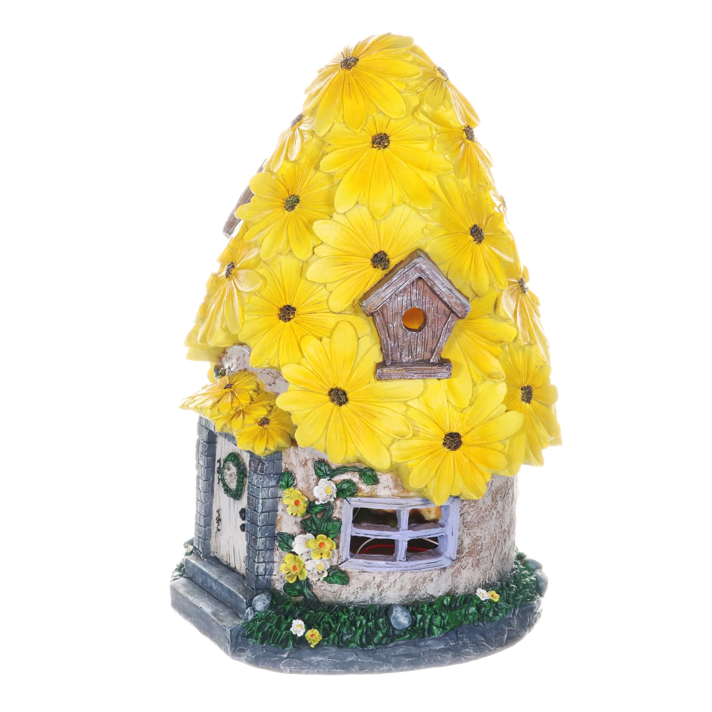 Solar Sunflower Roof Fairy Garden House, 9 by 15 Inches