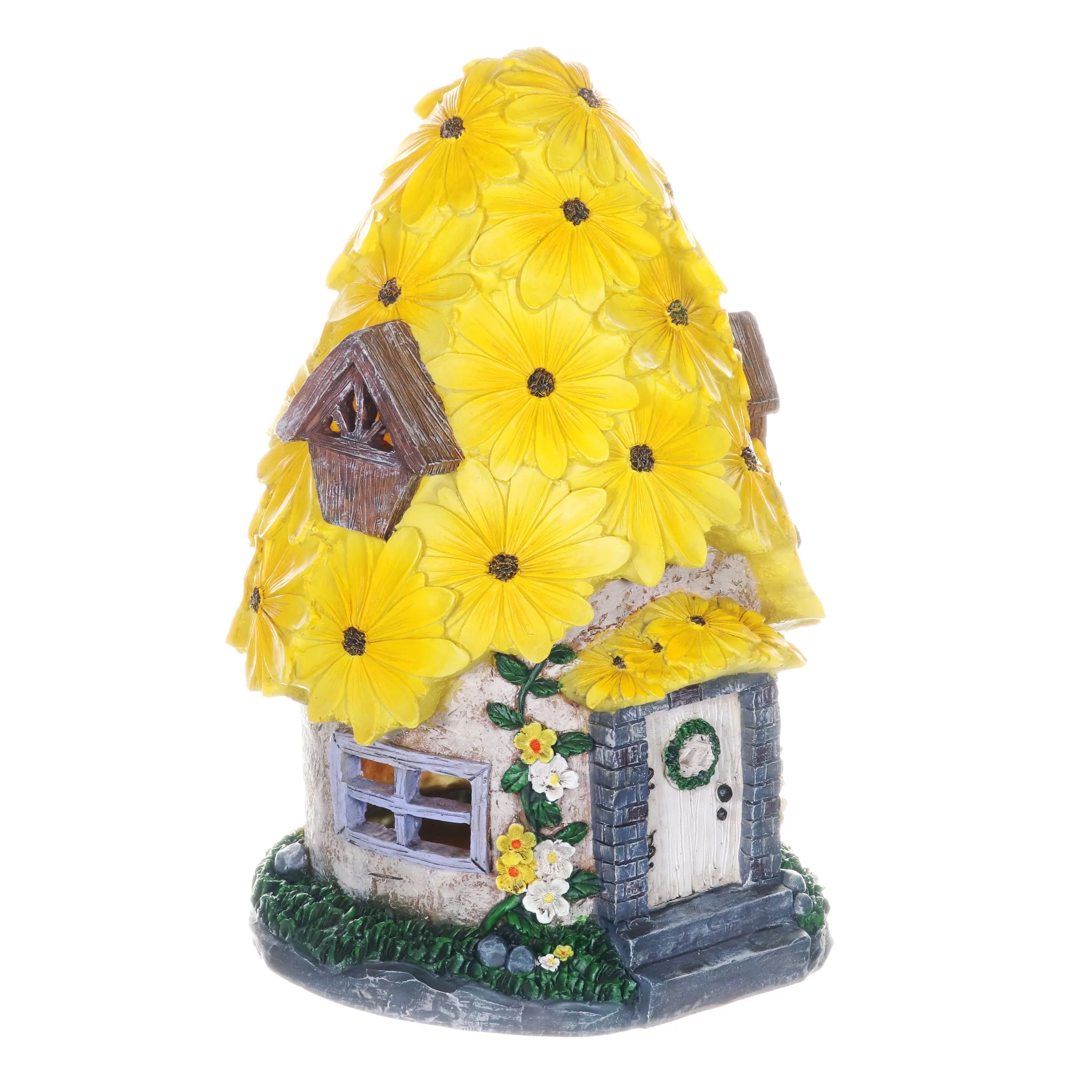 Solar Sunflower Roof Fairy Garden House, 9 by 15 Inches