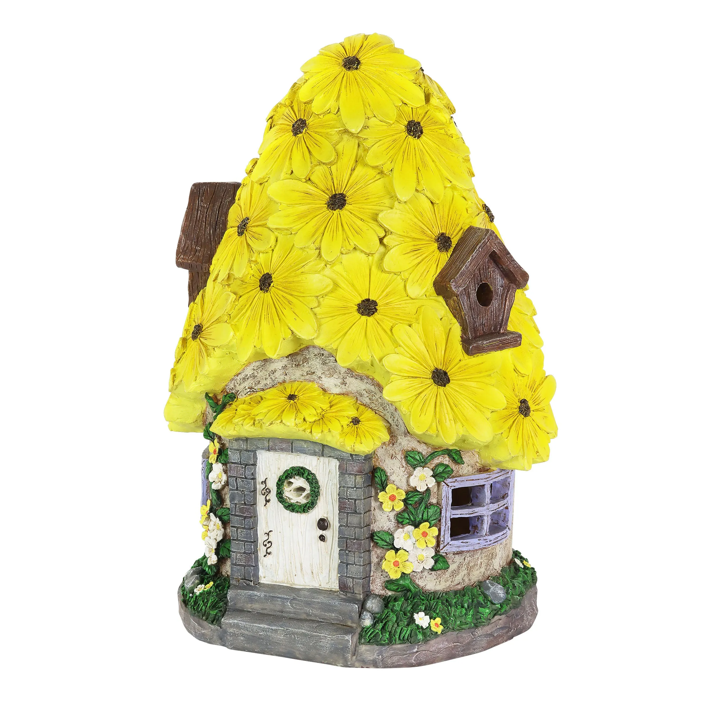 Solar Sunflower Roof Fairy Garden House, 9 by 15 Inches